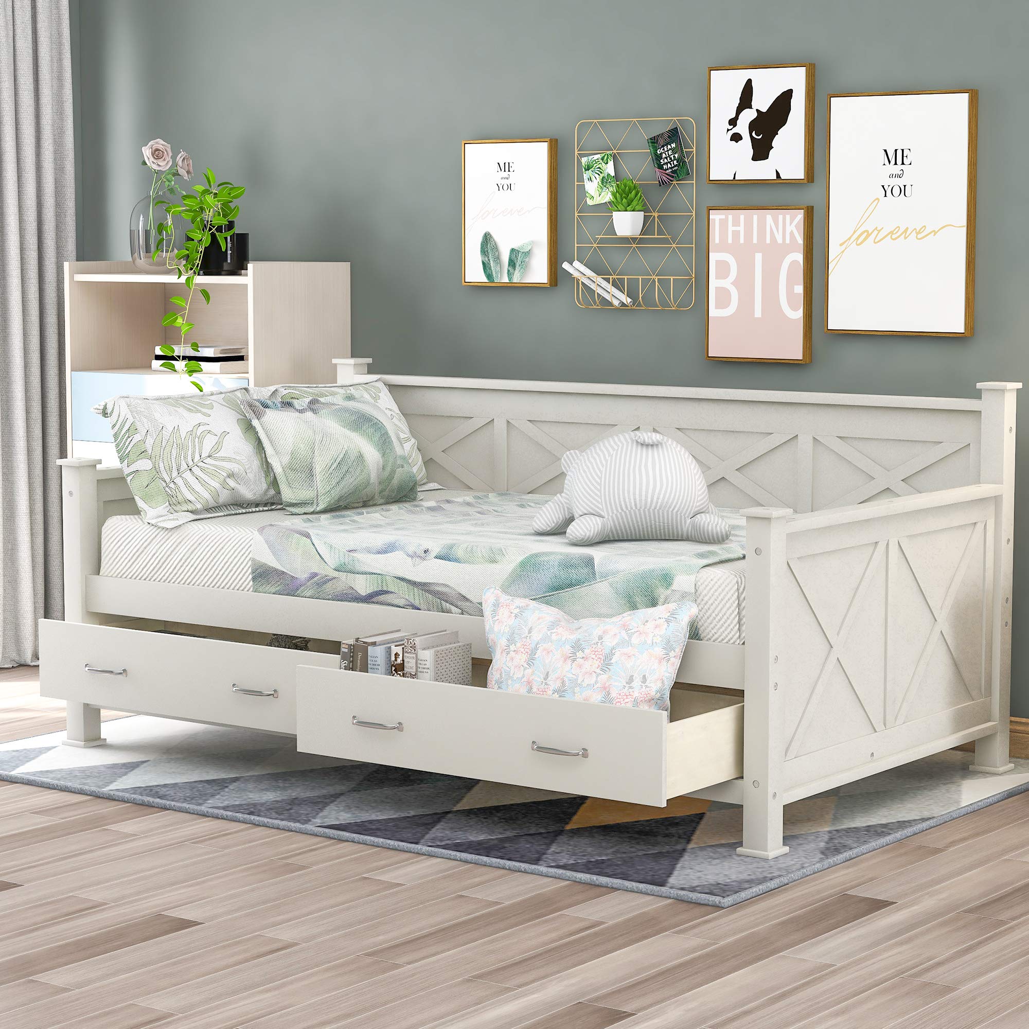 Merax Twin Size Wooden Daybed with 2 Large Drawers - X-Shaped Frame, Modern Rustic Design, Wood Slat Support (No Box Spring Needed) - Easy Assembly White Daybed for Guest Room, Dorm, or Living Room