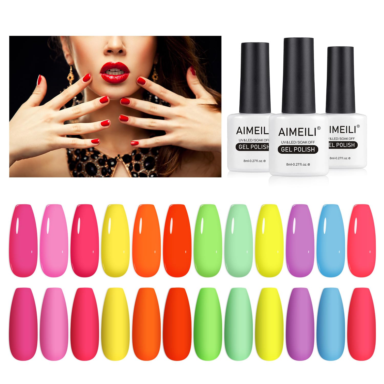 AIMEILI Neon Gel Nail Polish Set - 12 Vibrant Colors (8ml Each) for Spring & Summer | UV/LED Soak Off Nail Art Kit | Pink, Red, Orange, Green, Blue, Purple | Perfect for DIY Manicures, Nail Salons & Gift Giving