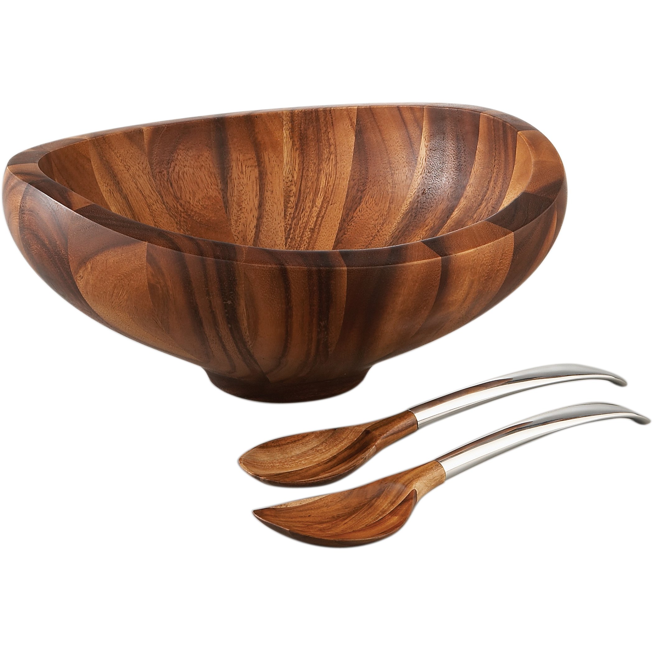 Nambe Butterfly Acacia Wood Salad Bowl Set with 2 Servers - 16-inch Large Deep Wooden Serving Bowl for Salads, Fruits & Entertaining | Durable Acacia Wood & Alloy Design by Sean O'Hara | Perfect for Dinner Parties, Picnics & Family Gatherings