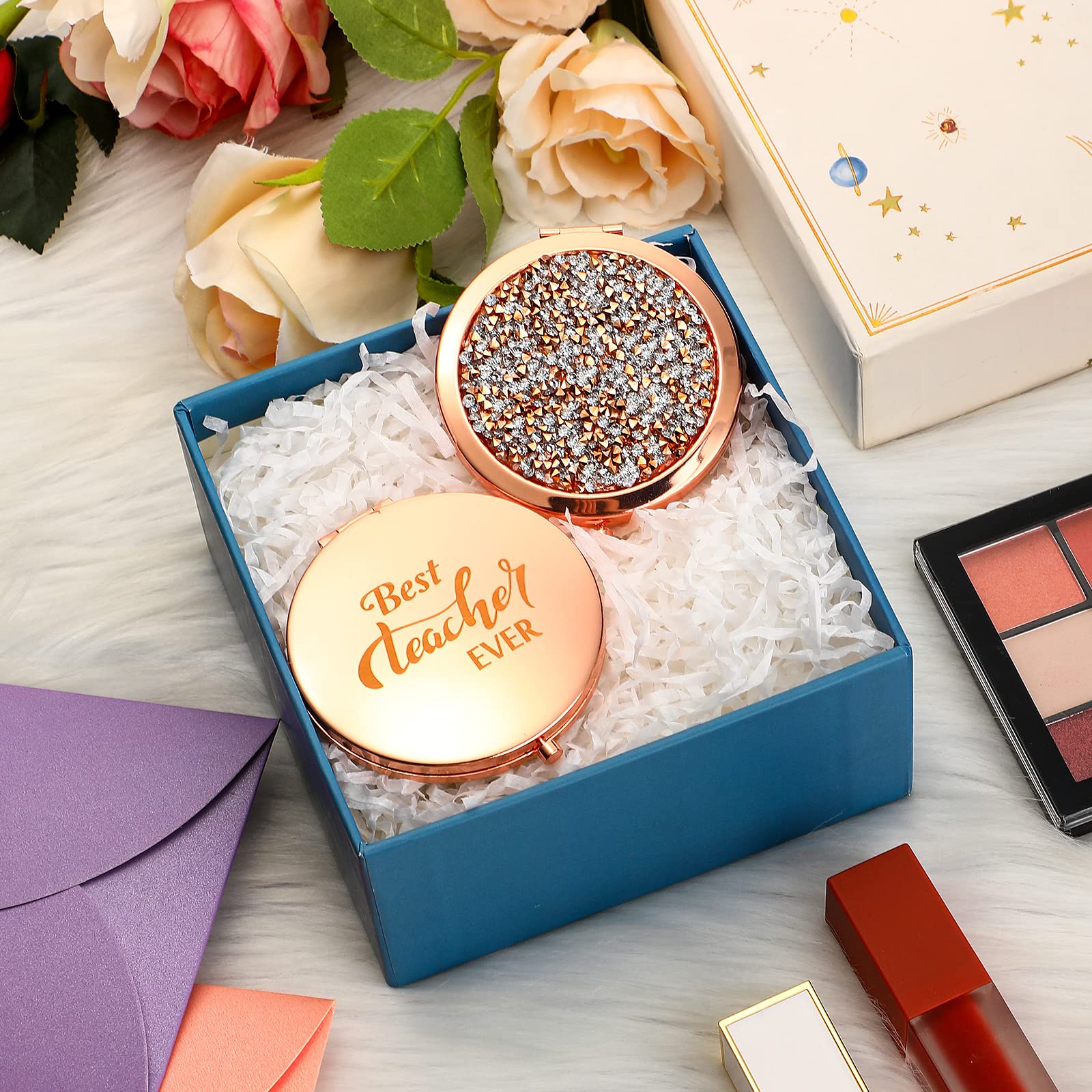 6 Pcs Inspirational Diamond Compact Mirror - Teacher Appreciation Gifts for Women, Travel & Makeup Use