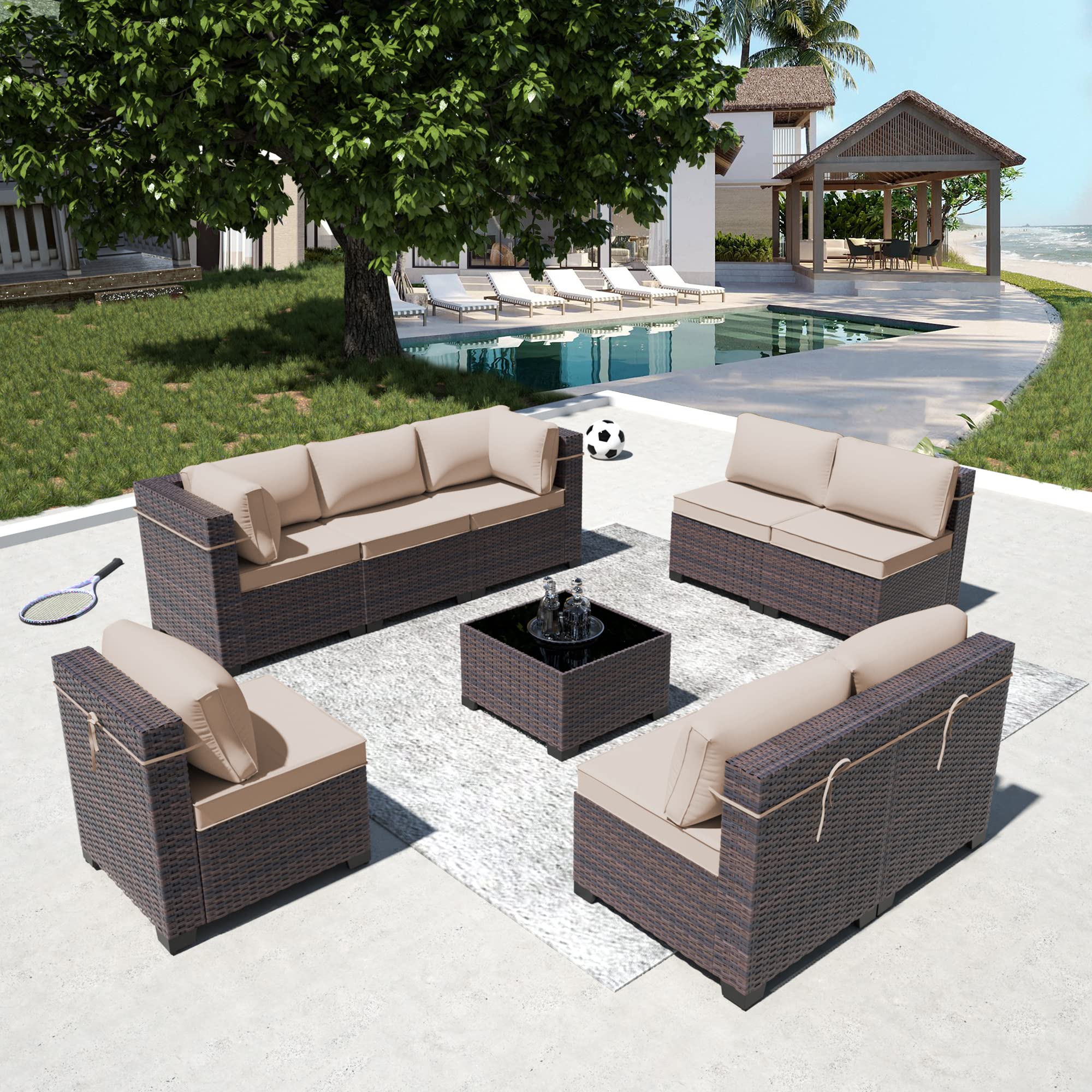 **9-Piece All-Weather Outdoor Patio Furniture Set - PE Wicker Modular Sectional Sofa with Coffee Table & 8 Chairs (Brown) - Perfect for Backyard, Garden, Poolside & Patio Relaxation**
