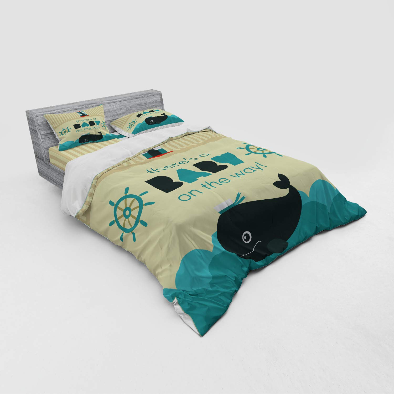 Ambesonne Gender Reveal Party Bedding Set - 'Little One on The Way' Marine Theme with Dolphin & Ship Wheel - 3 Piece Duvet Cover Set with Pillow Sham & Fitted Sheet - Queen Size Dark Blue Khaki Teal - Perfect for Baby Showers & Nursery Decor