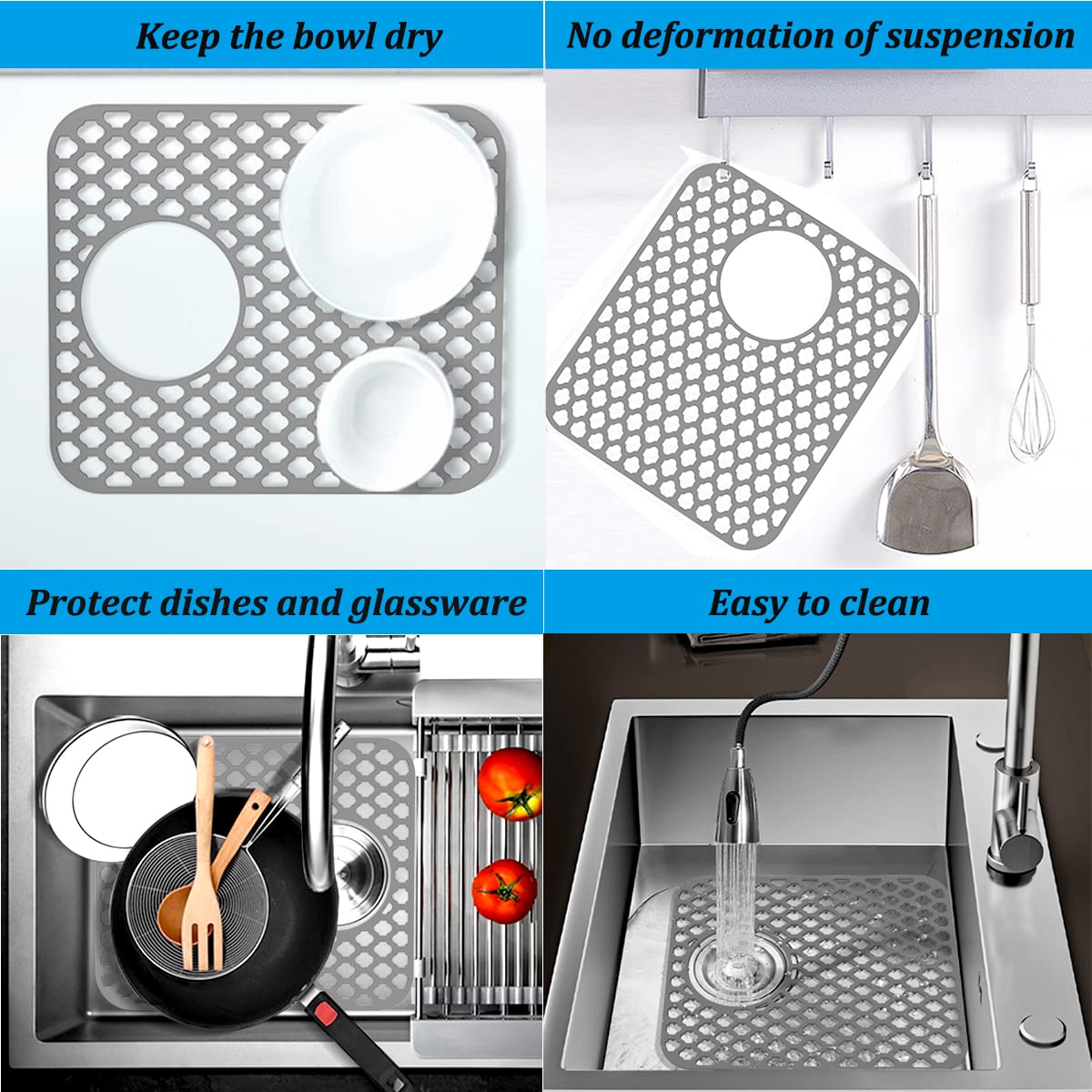 Wonninek Non-Slip Silicone Sink Mat (2-Pack) - Heat Resistant Kitchen Sink Protector with Drain Hole for Stainless Steel Farmhouse Sinks, 13.6x11.6 Inch Grey - Perfect for Dishwashing, Food Prep & Protecting Sink Bottom