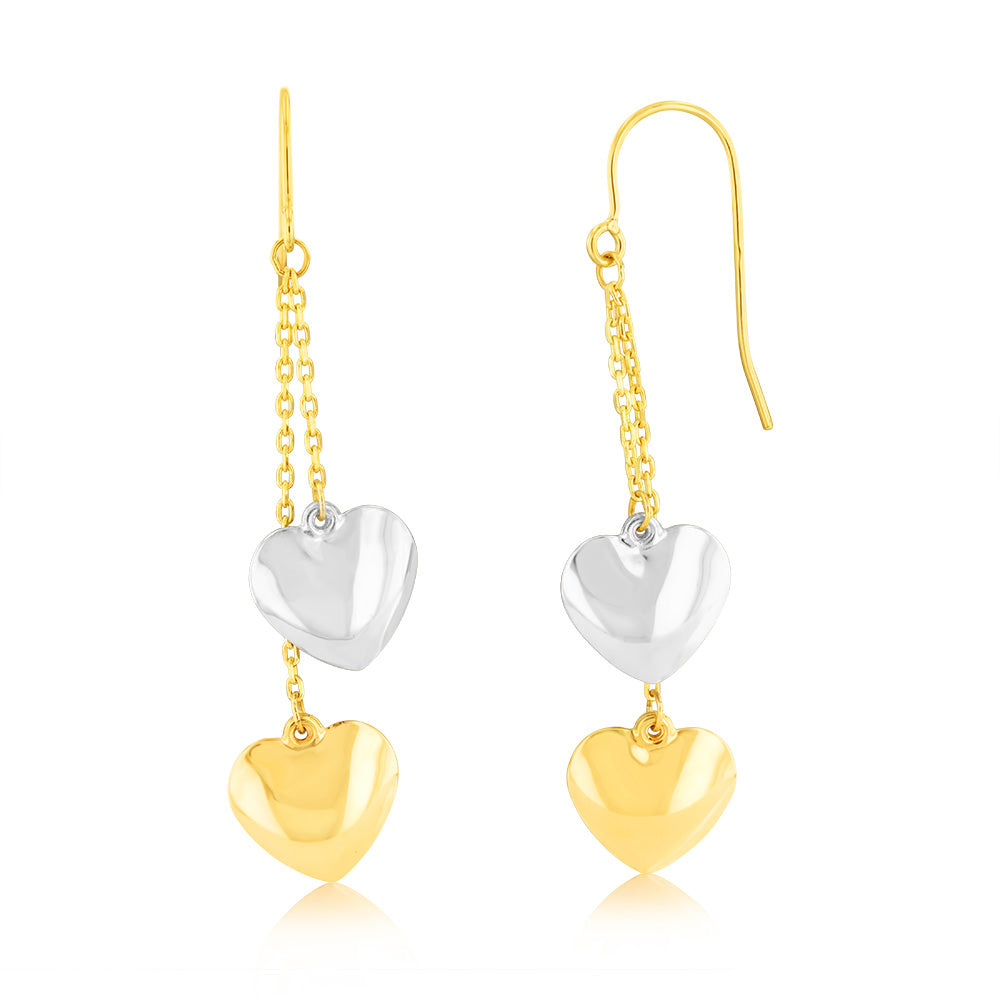 9ct Yellow and White Two-Tone Gold Heart Drop Hook Earrings - Elegant Dangle Earrings for Women, Perfect for Valentine's Day, Anniversary, Wedding, and Special Occasions