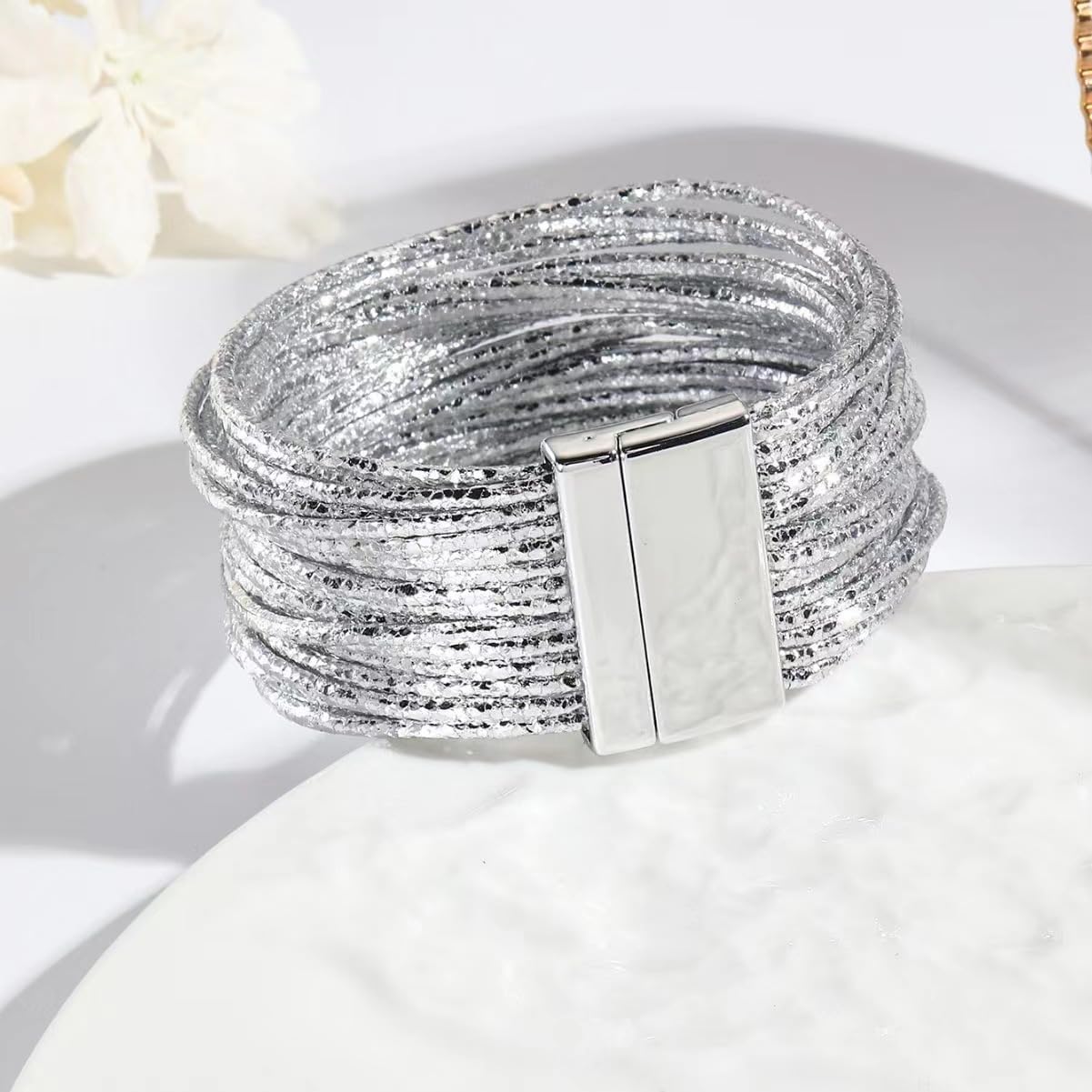 Handmade Boho Leather Wrap Bracelet for Women - Sparkly Braided Multilayer Cuff Bangle Wristband - Perfect for Festival, Beach, Party & Everyday Boho Chic Style