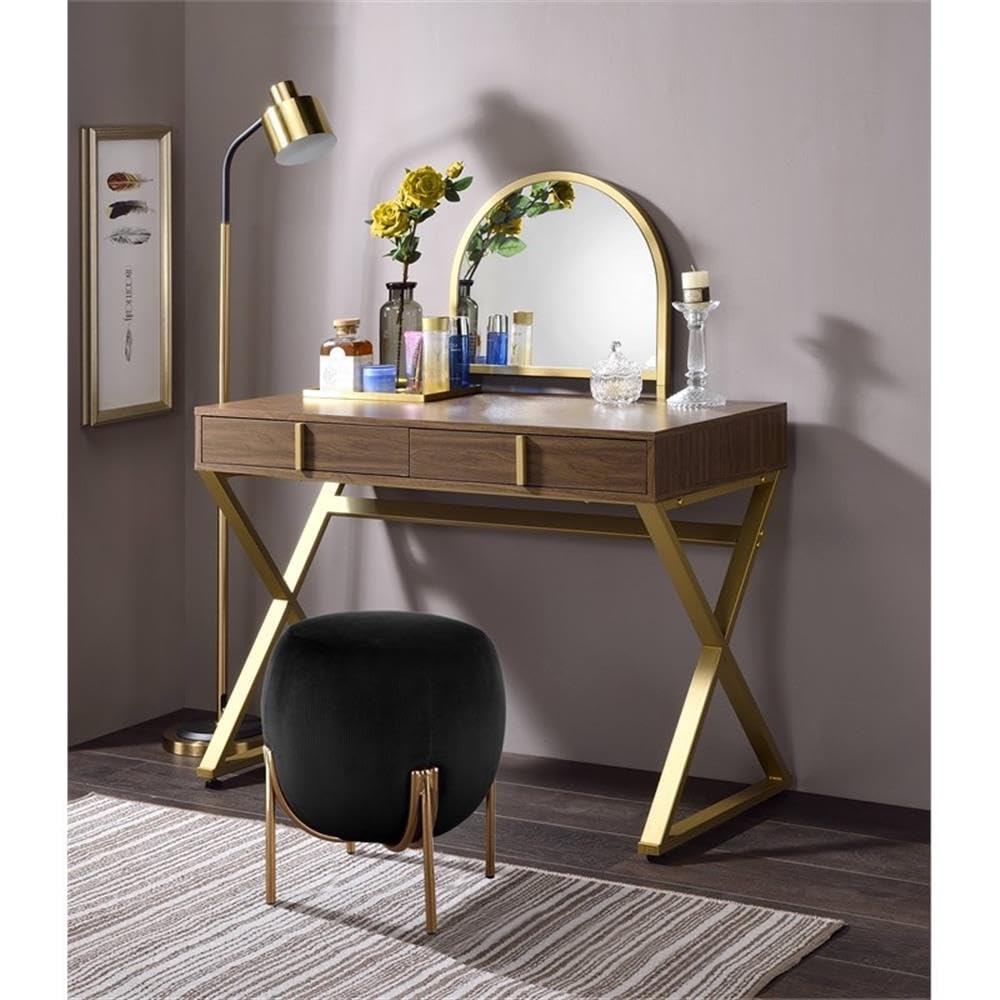Acme Coleen Vanity Desk in Walnut & Gold Finish - Elegant Dressing Table with Mirror for Bedroom Makeup & Skincare Routine