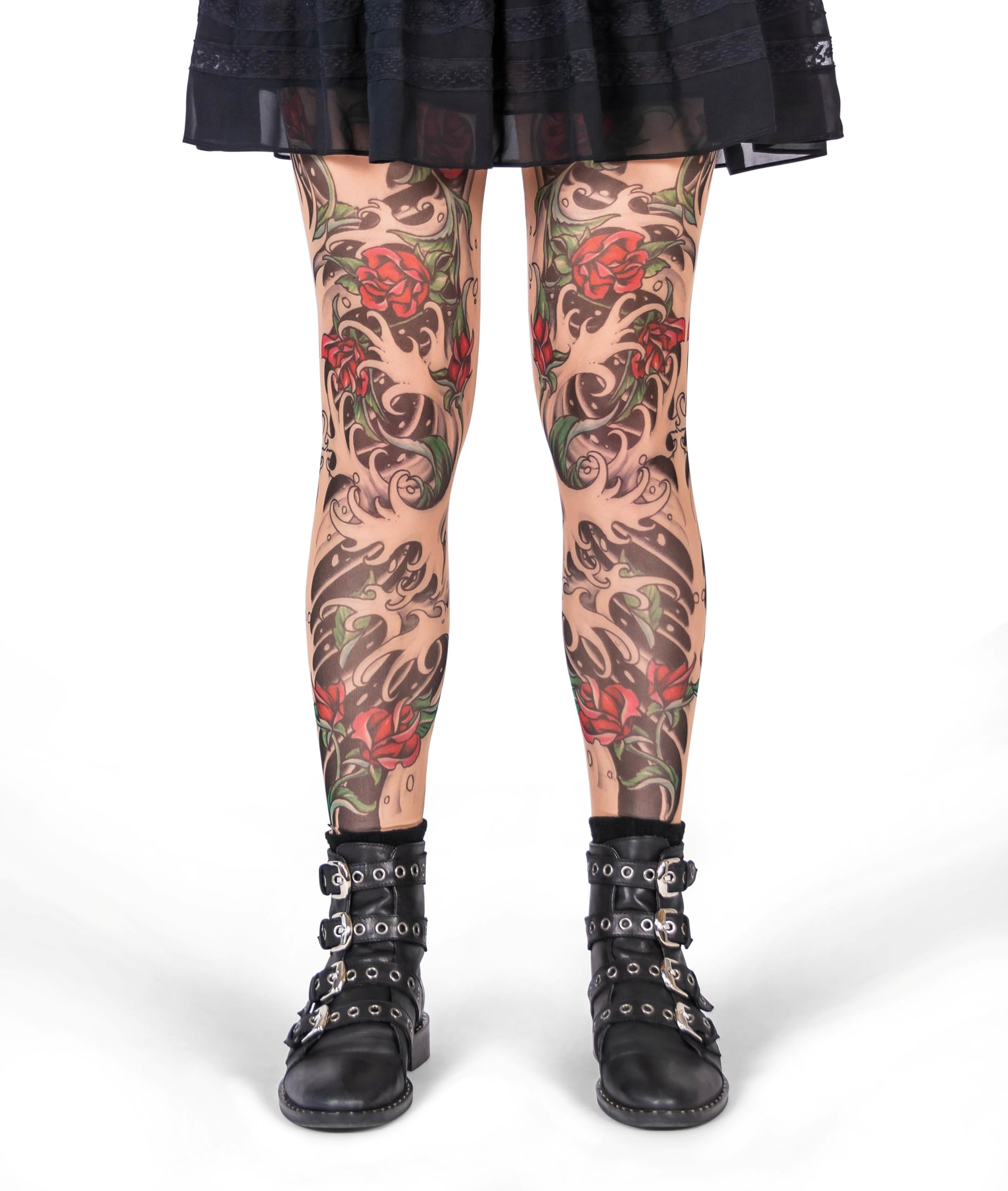 Wild Rose Floral Tribal Blackwork Tattoo Mesh Leggings for Women - Red Rose Design on Tan Base | Perfect for Yoga, Dance, Festival Outfits & Boho Fashion