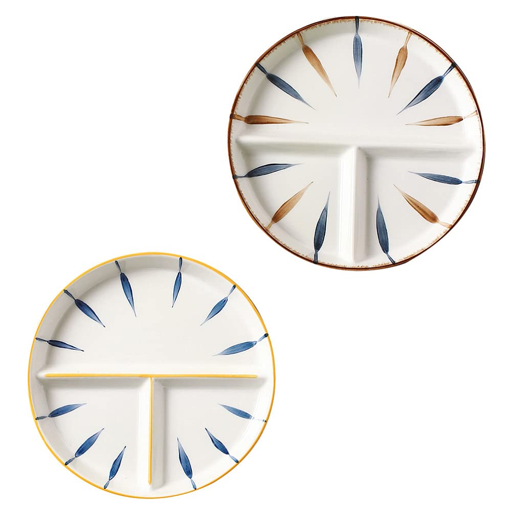 YARDWE 2-Piece Ceramic Divided Serving Tray Set - 3-Compartment Breakfast, Dinner & Dessert Plates for Home & Kids | Dish Drain Backflow Preventer | Perfect for Meal Prep, Party Serving & Family Dining