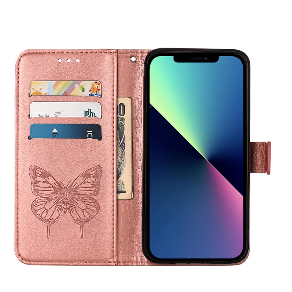 Premium Luxury PU Leather iPhone 13 Pro Max Case with Card Holder & Kickstand (6.7 inch) - Butterfly Rose Gold Design | Slim Protective Wallet Case for Women & Men | Perfect for Work, Travel & Everyday Use - YBH