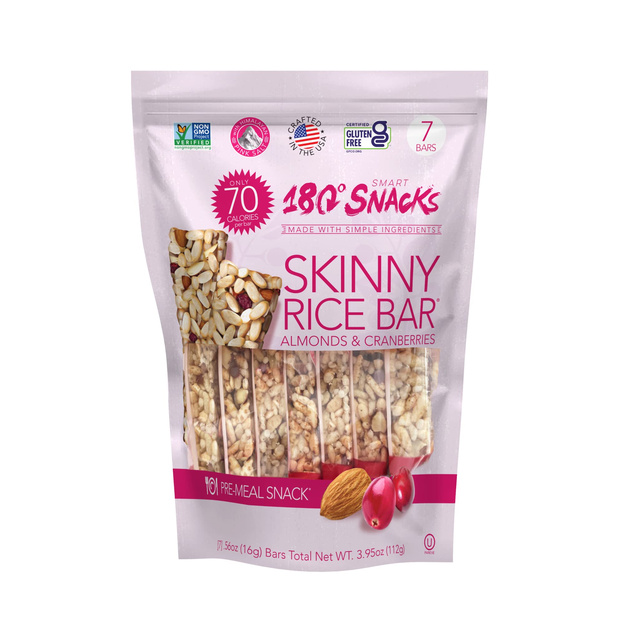 180 Snacks Pre-Meal Skinny Rice Bar with Himalayan Salt - Cranberry & Almond Flavor (3.22oz, 1 Pack) | Healthy Low-Calorie Snack for Weight Loss, Keto Diet & On-the-Go Nutrition