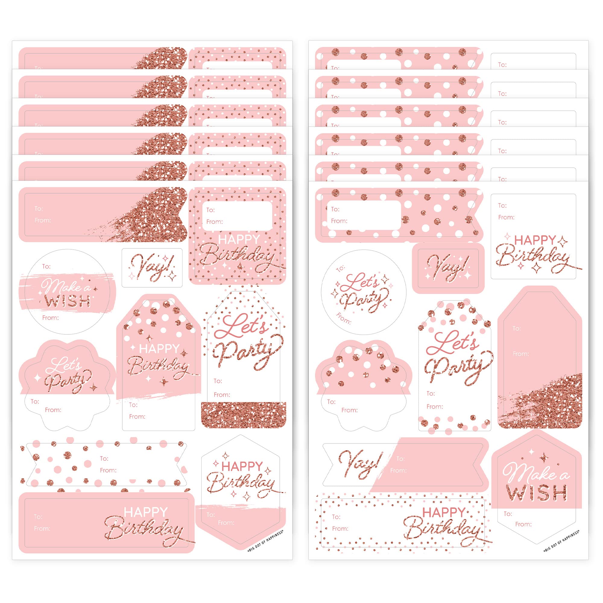 Pink Rose Gold Happy Birthday Gift Tag Labels - 120 Assorted Party Stickers with To & From - 12 Sheets for Birthday Decorations, Invitations & Party Favors