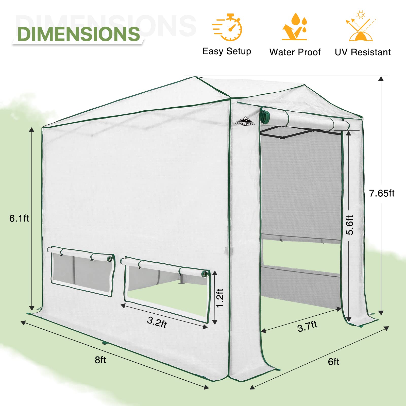EAGLE PEAK 8x6 FT Portable Walk-in Greenhouse for Indoor & Outdoor Gardening - Heavy Duty Woven PE Cover with Zippered Doors & Windows - Perfect for Seed Starting, Plant Protection & Year-Round Gardening