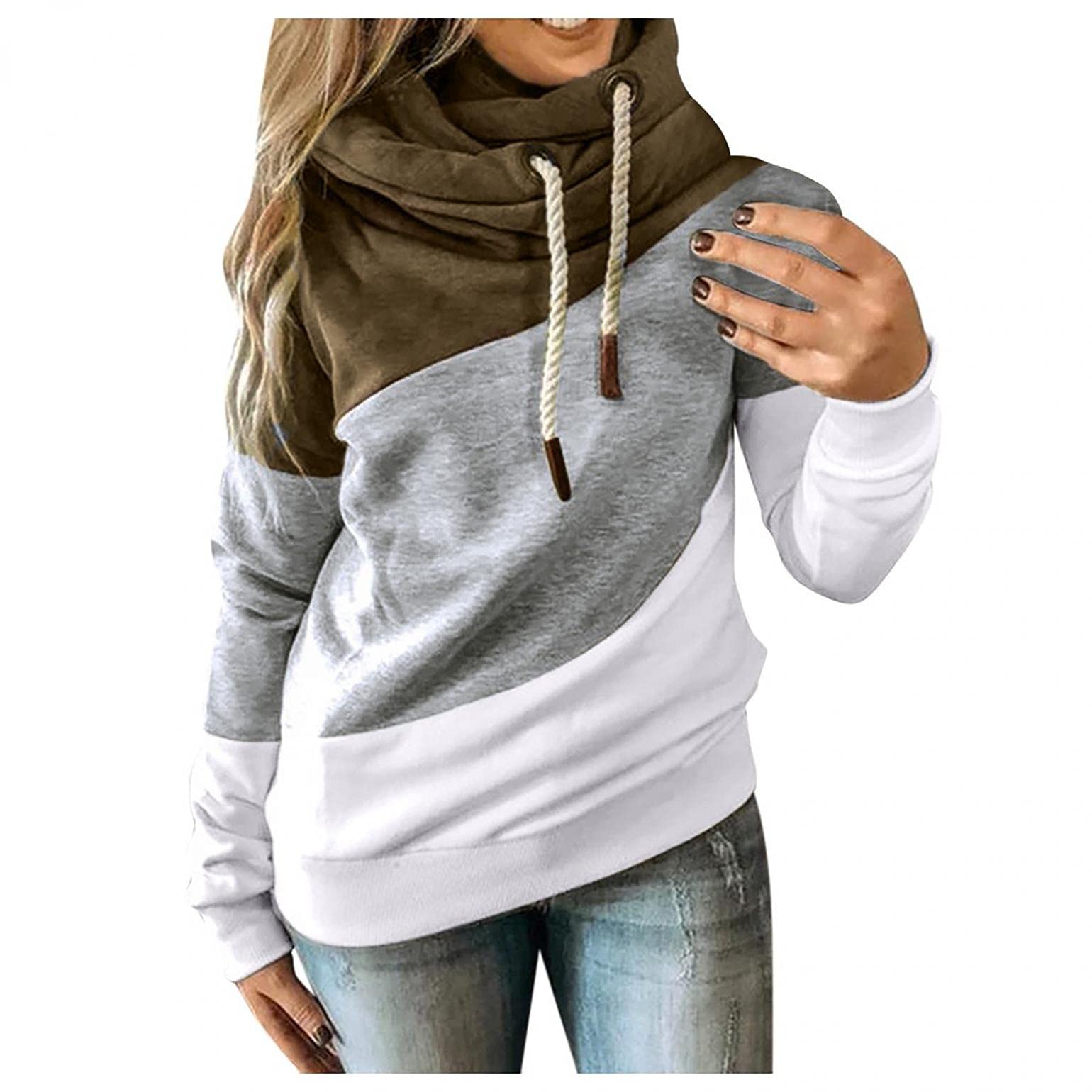 Women's Color Block Cowl Neck Hoodie - Long Sleeve Drawstring Pullover Sweatshirt for Casual Wear & Loungewear | Soft & Comfortable Winter Tops