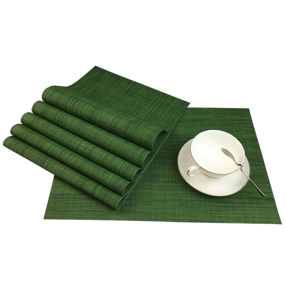 6-Pack Stain-Resistant PVC Placemats for Dining Table - Washable, Wipeable Vinyl Table Mats in Algae Green - Perfect for Kitchen, Dining Room, and Outdoor Entertaining