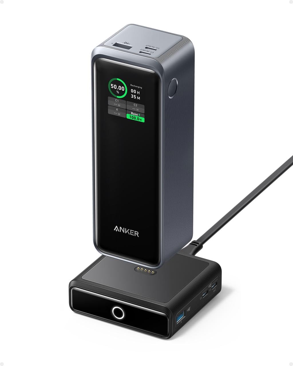 Anker Prime 27,650mAh Power Bank (250W) with 100W Charging Base - 3-Port Fast Portable Charger for iPhone 15/14 Series, MacBook, Samsung Galaxy, Dell Laptops, AirPods - Smart App Control | Perfect for Travel, Camping & Emergency Power Backup
