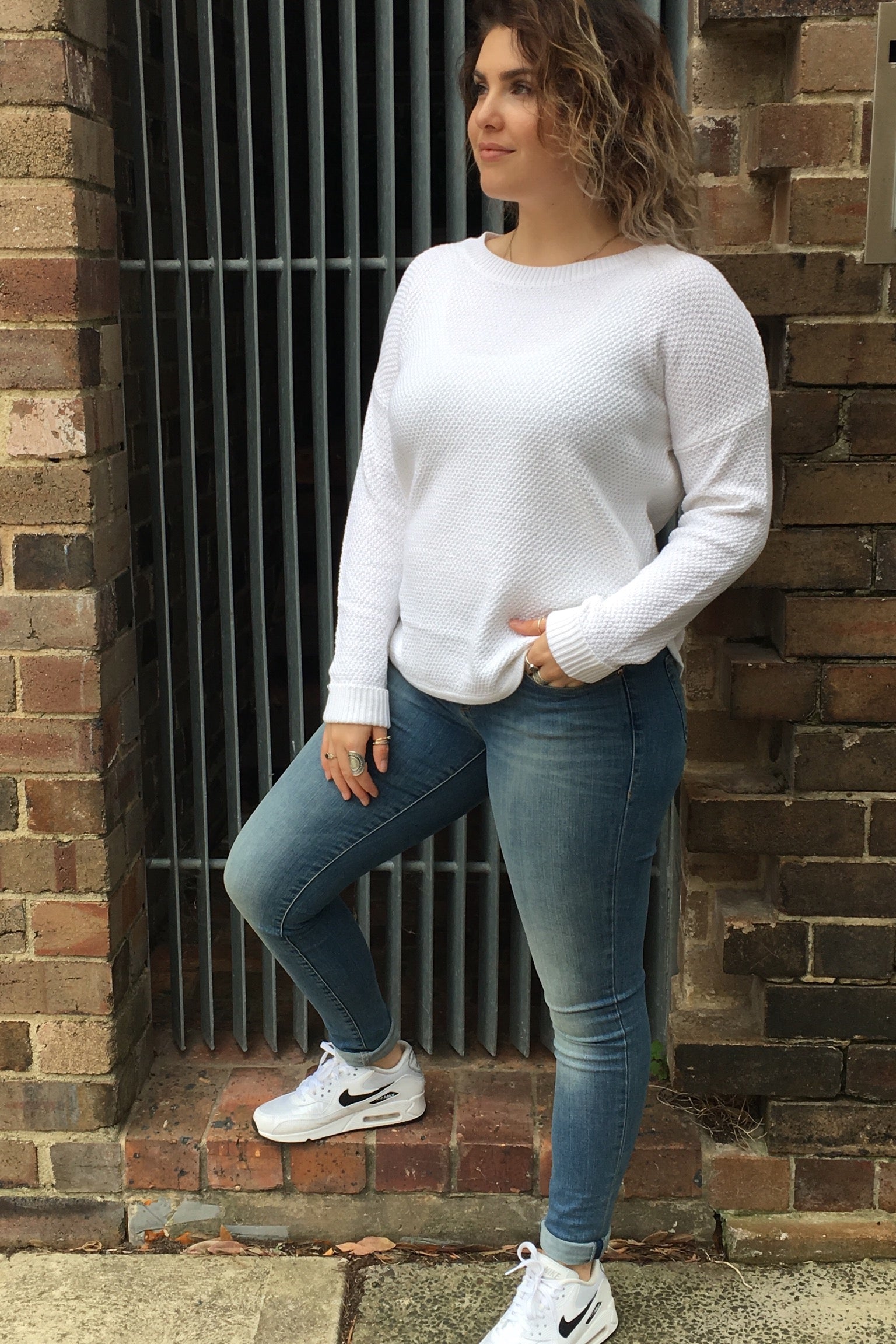 Cozy Winter White Zip Back Cotton Knit Jumper - Women's Casual Pullover Sweater for Fall & Winter Fashion, Office Wear & Weekend Outfits