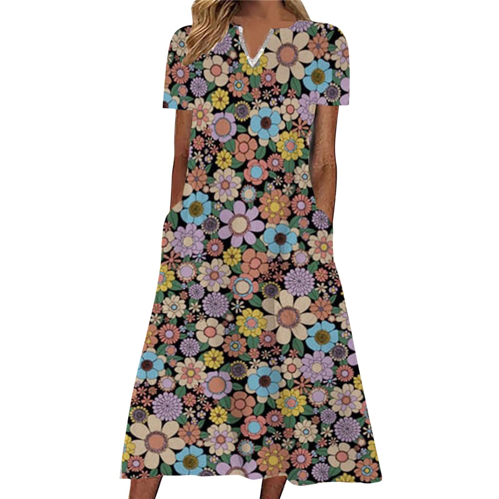 Yoyorule Women's Floral Print V-Neck Short Sleeve Casual Sling Dress - Plus Size Summer Dress for Beach, Party & Everyday Wear