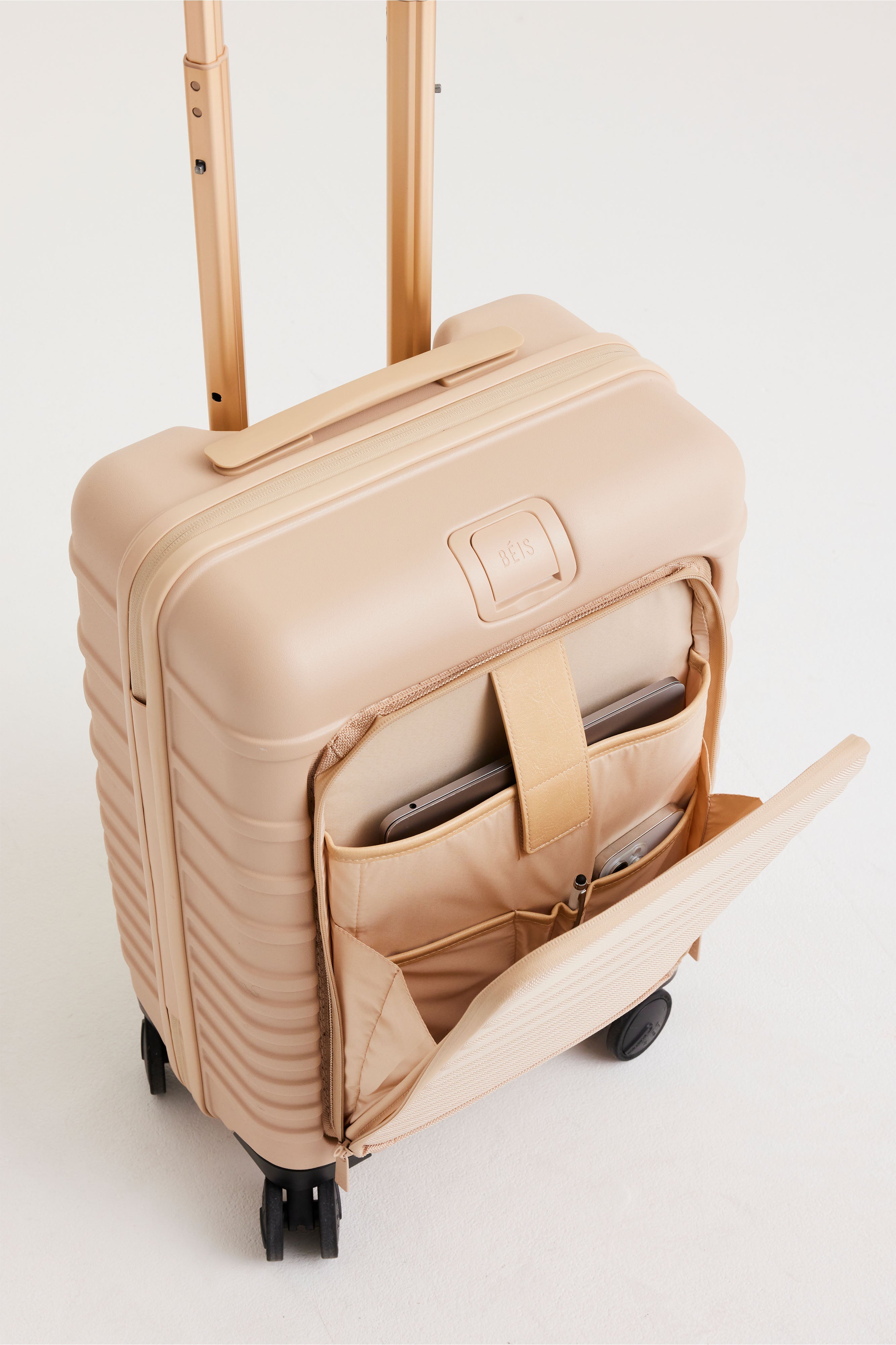 Beige Front Pocket Carry On Roller Luggage - Lightweight Expandable Suitcase for Air Travel with USB Charging Port | Perfect for Business Trips & Weekend Getaways