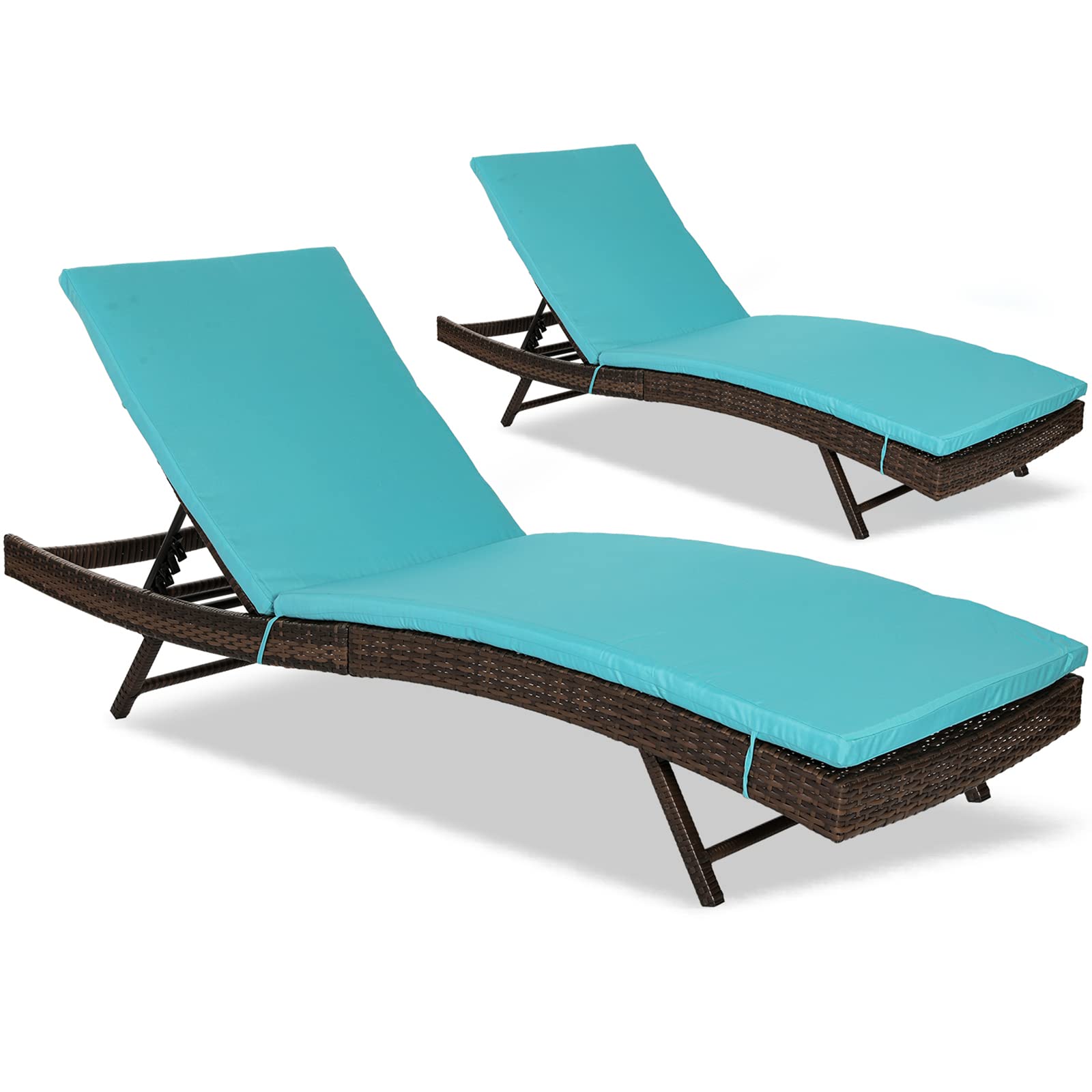 FURFIMU 2-Piece Rattan Patio Lounge Chair Set with Adjustable Backrest & Removable Blue Cushion - PE Wicker Outdoor Pool Chaise Lounge, Foldable for Patio, Garden, Beach (Blue) | Perfect for Sunbathing, Poolside Relaxation & Backyard Lounging