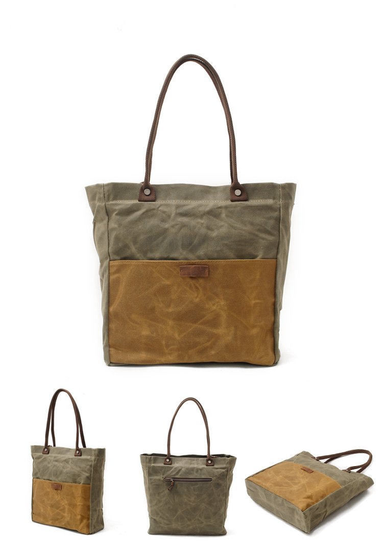 Durable Women's Waxed Canvas Tote Bag with Genuine Leather Trim - Waterproof Shoulder Purse for Work, Travel & Everyday Use - Fits 14