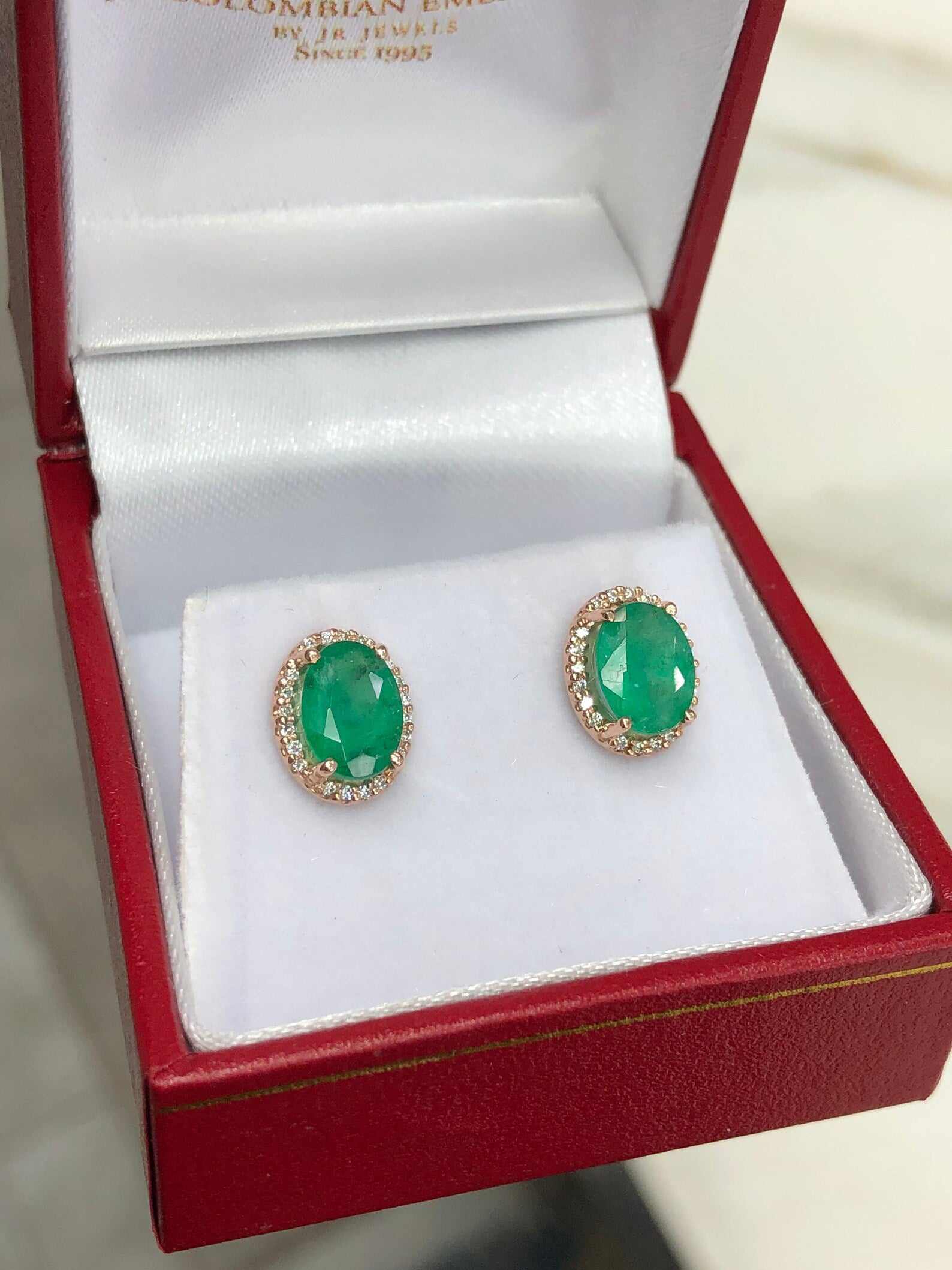 2.10tcw Oval Cut Dark Green Emerald & Diamond Halo 14K Rose Gold Stud Earrings for Women | Luxury Bridal Jewelry, Anniversary Gift, Evening Party Accessories