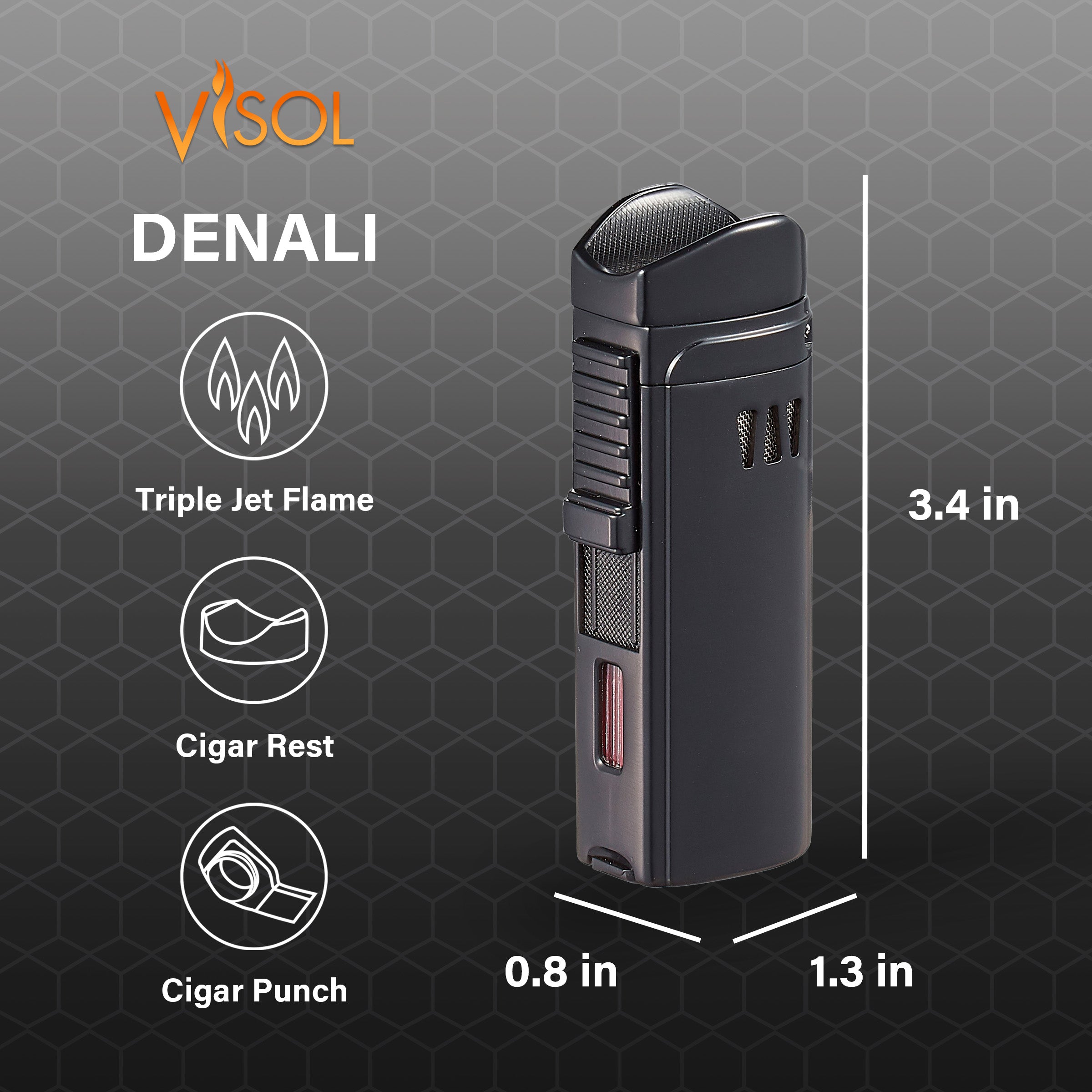 Visol Denali Triple Torch Cigar Lighter - Windproof Butane Lighter for Cigars, Cigarettes & Outdoor Use - Durable Black Finish (Perfect for Smoking, Camping & Gifts)
