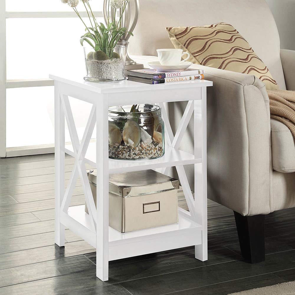 Modern White X-Base End Table with 2 Drawers - Stylish Sofa Side Table for Living Room, Bedroom & Dining Room - MDF Wood Accent Table with Storage Shelves - Perfect for Small Spaces, Nightstands & Home Decor Organization