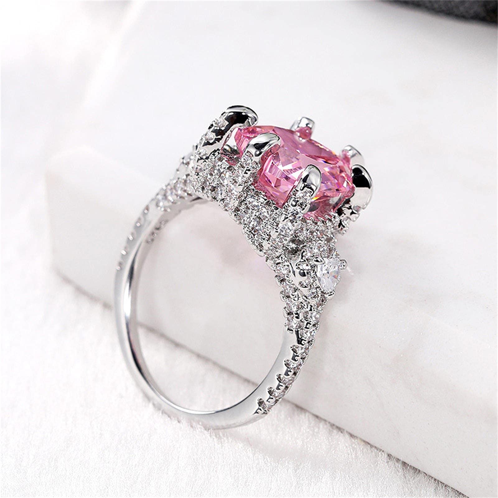 925 Sterling Silver Heart-Shaped Pink Cubic Zirconia Ring with Full Diamond Accents - Elegant CZ Diamond Wedding Band for Women (Size 8) | Perfect for Engagement, Anniversary & Valentine's Day Gifts