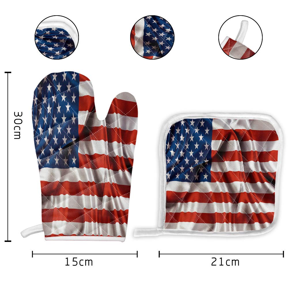 USA Flag Oven Mitt & Pot Holder Set - Heat Resistant, Non-Slip Kitchen Mittens for Cooking, Baking, Grilling & BBQ - Perfect for 4th of July, Memorial Day & Patriotic Home Decor