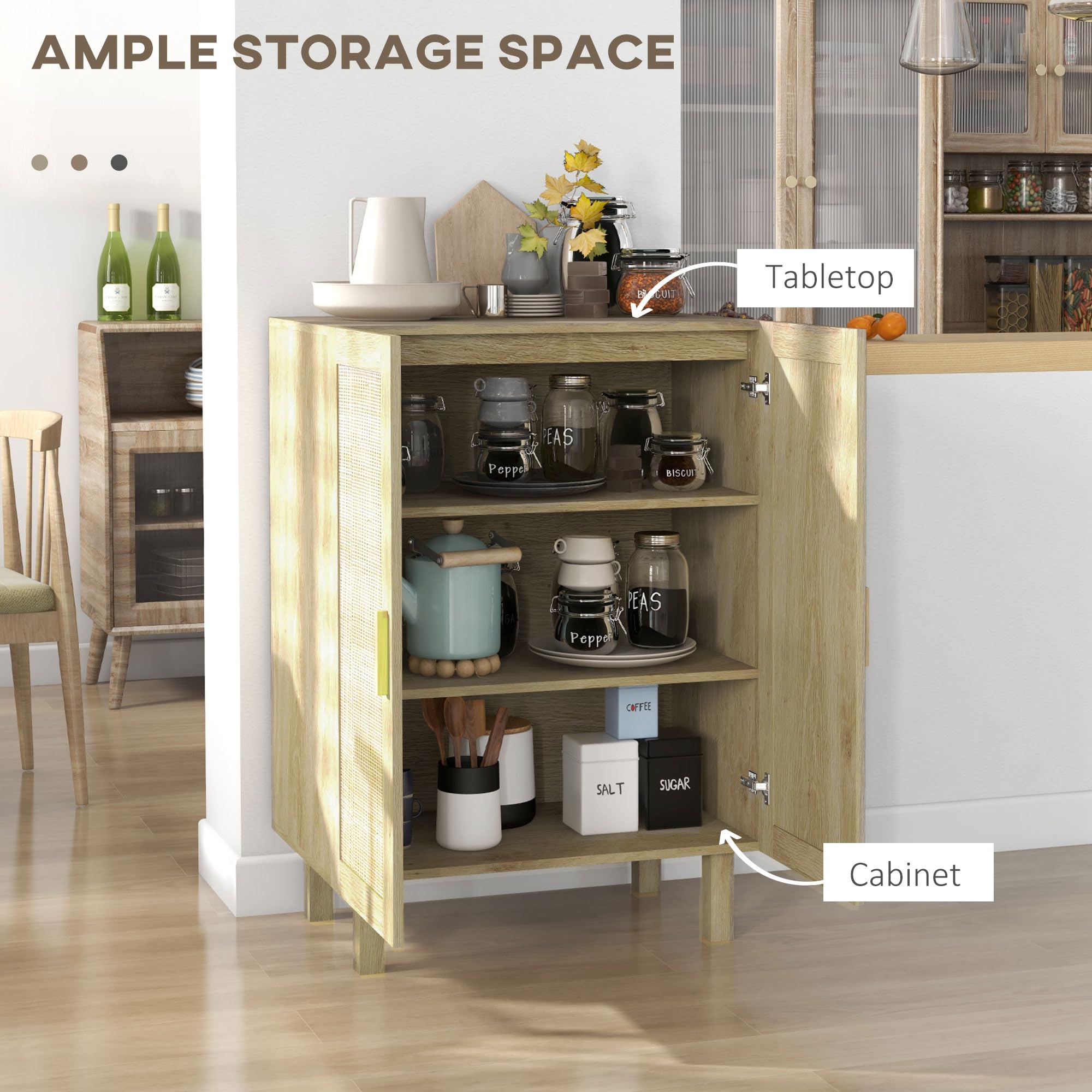 HOMCOM Sideboard Buffet Cabinet with 2 Rattan Doors & Adjustable Shelves - Kitchen Coffee Bar Cabinet for Living Room, Dining Room - Natural Wood Storage Organizer for Home Decor & Entertaining