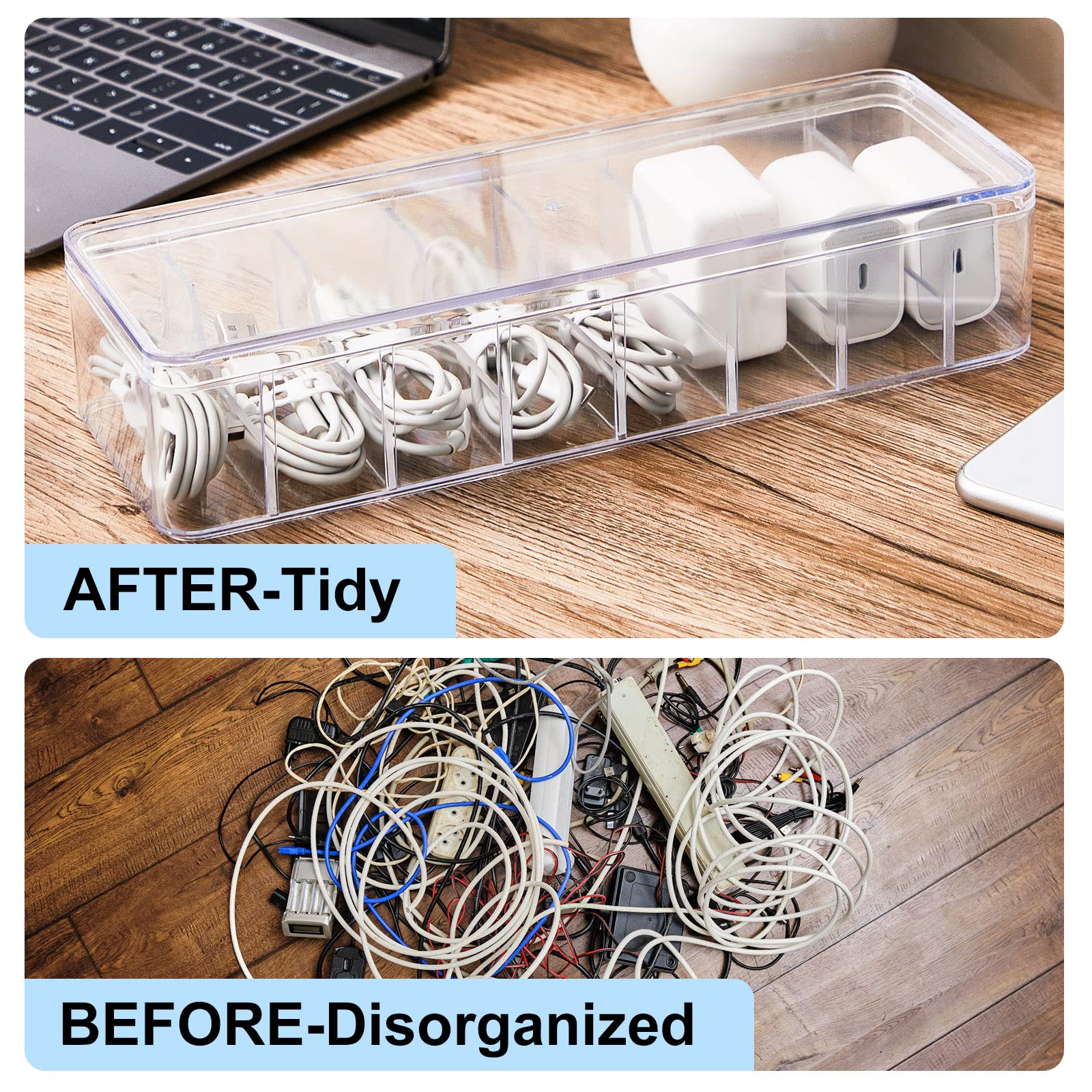 Tatuo 2-Pack Clear Plastic Cable Organizer Box with Lid & 20 Wire Ties - Cord Storage Solution for Electronics, Chargers, Home Office Desk Accessories - Perfect for Cable Management in Workspaces & Entertainment Centers