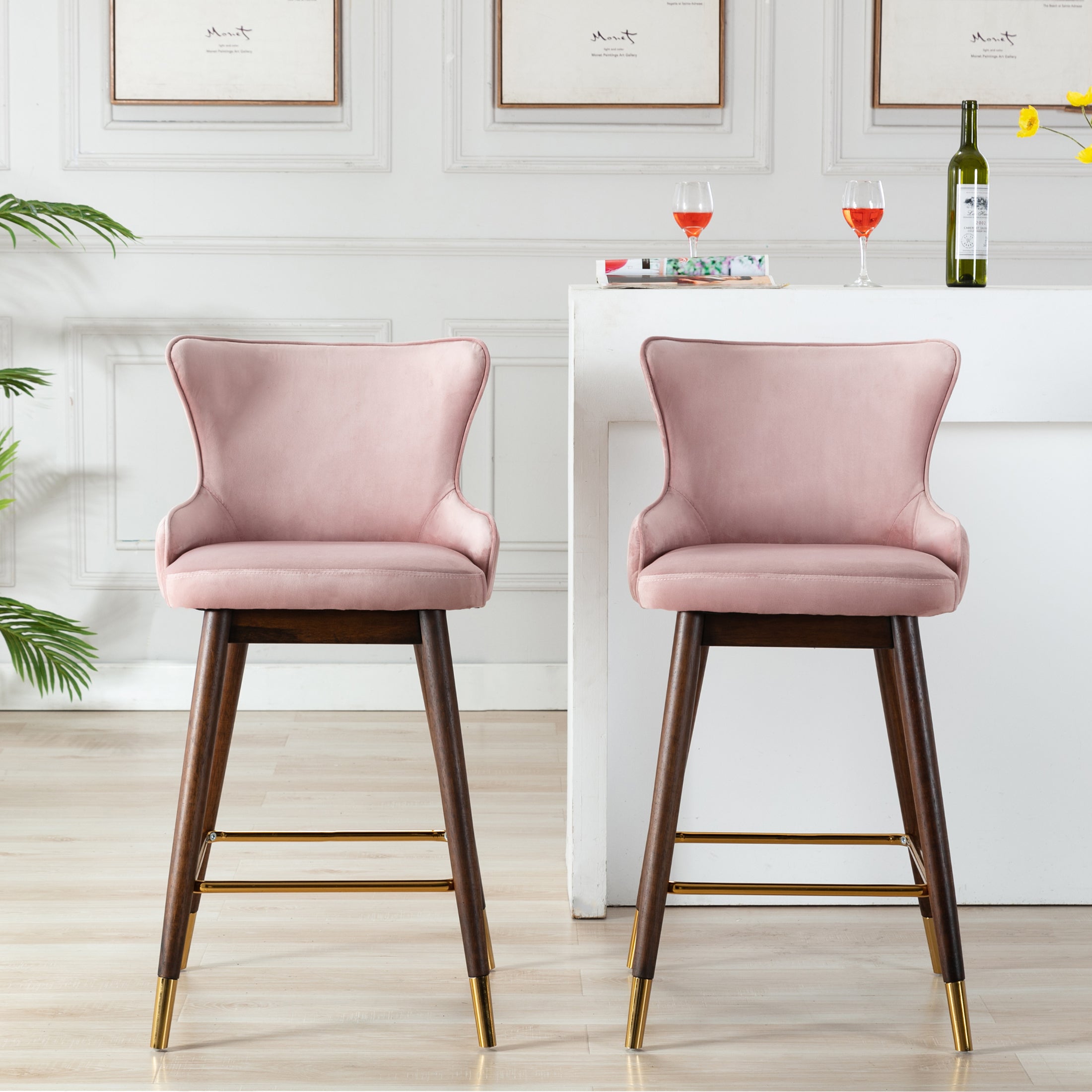 Roundhill Furniture Leland Fabric Upholstered Wingback Bar Stools - Pink Set of 2, Comfortable Kitchen Island Stools for Dining Room, Bar Counter & Home Decor