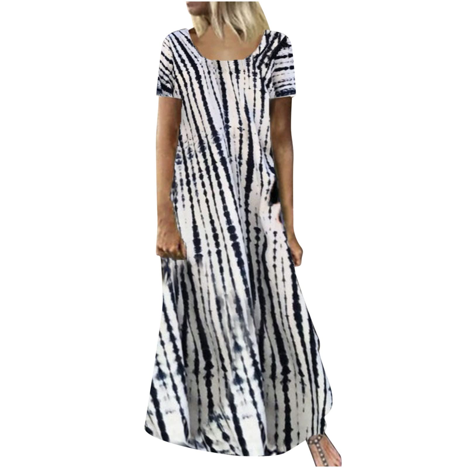 RKSTN Women's Tie-Dye Print Summer Maxi Dress 2024 - Short Sleeve Loose Fit Long Boho Beach Dress for Casual Wear, Vacations & Outdoor Events
