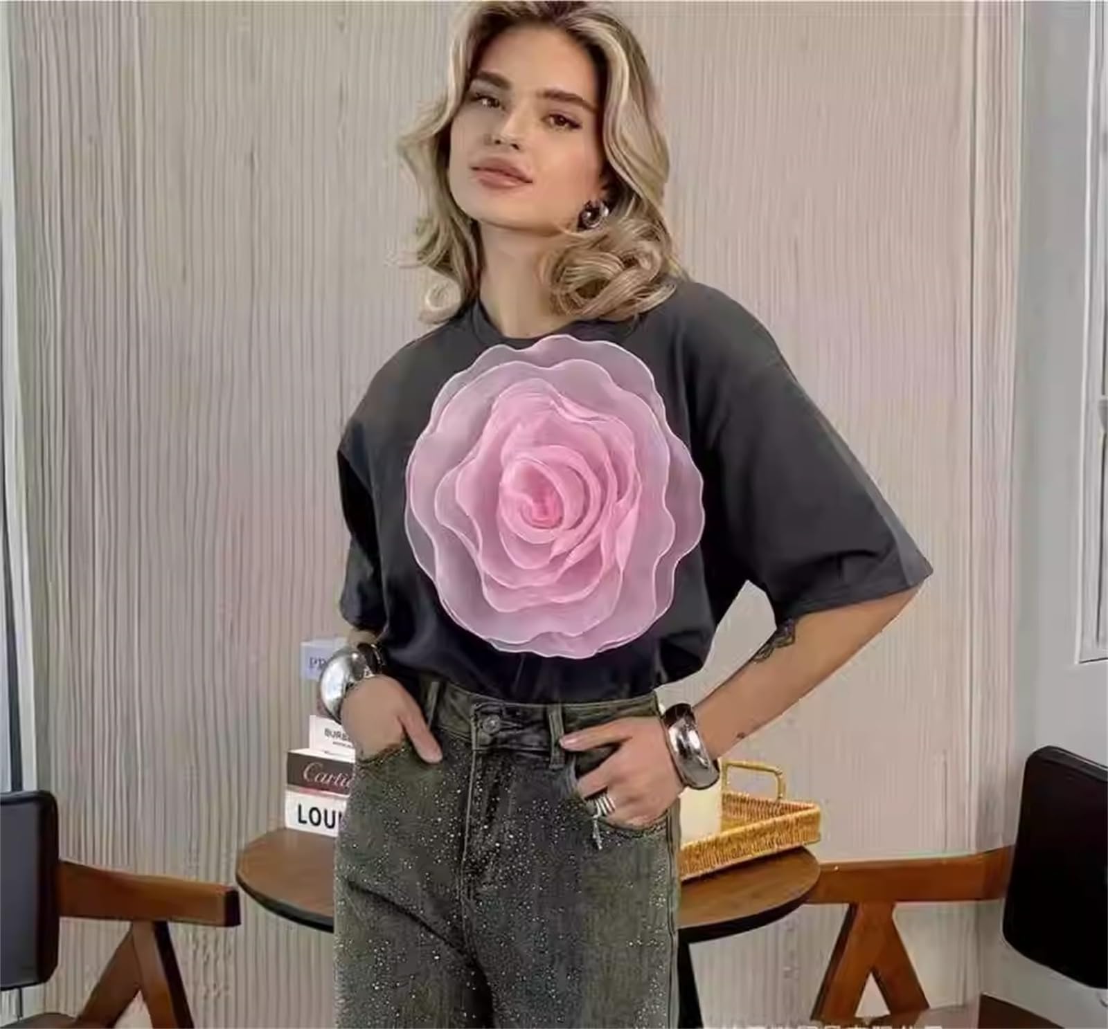 KM2-FLOWER Women's Short Sleeve T-Shirt with 3D Floral Print - Elegant Blouse for Casual Wear, Party & Date Night Outfits