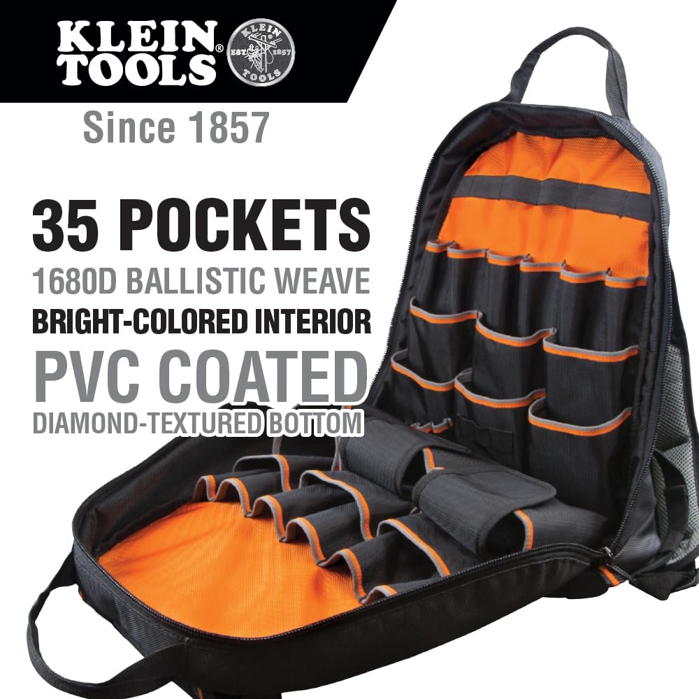 Klein Tools Tradesman Pro™ Tool Gear Backpack - Heavy Duty Electrician Work Backpack with Multiple Pockets for Construction Tools & Equipment - Perfect for Electricians, Contractors and DIY Home Improvement Projects