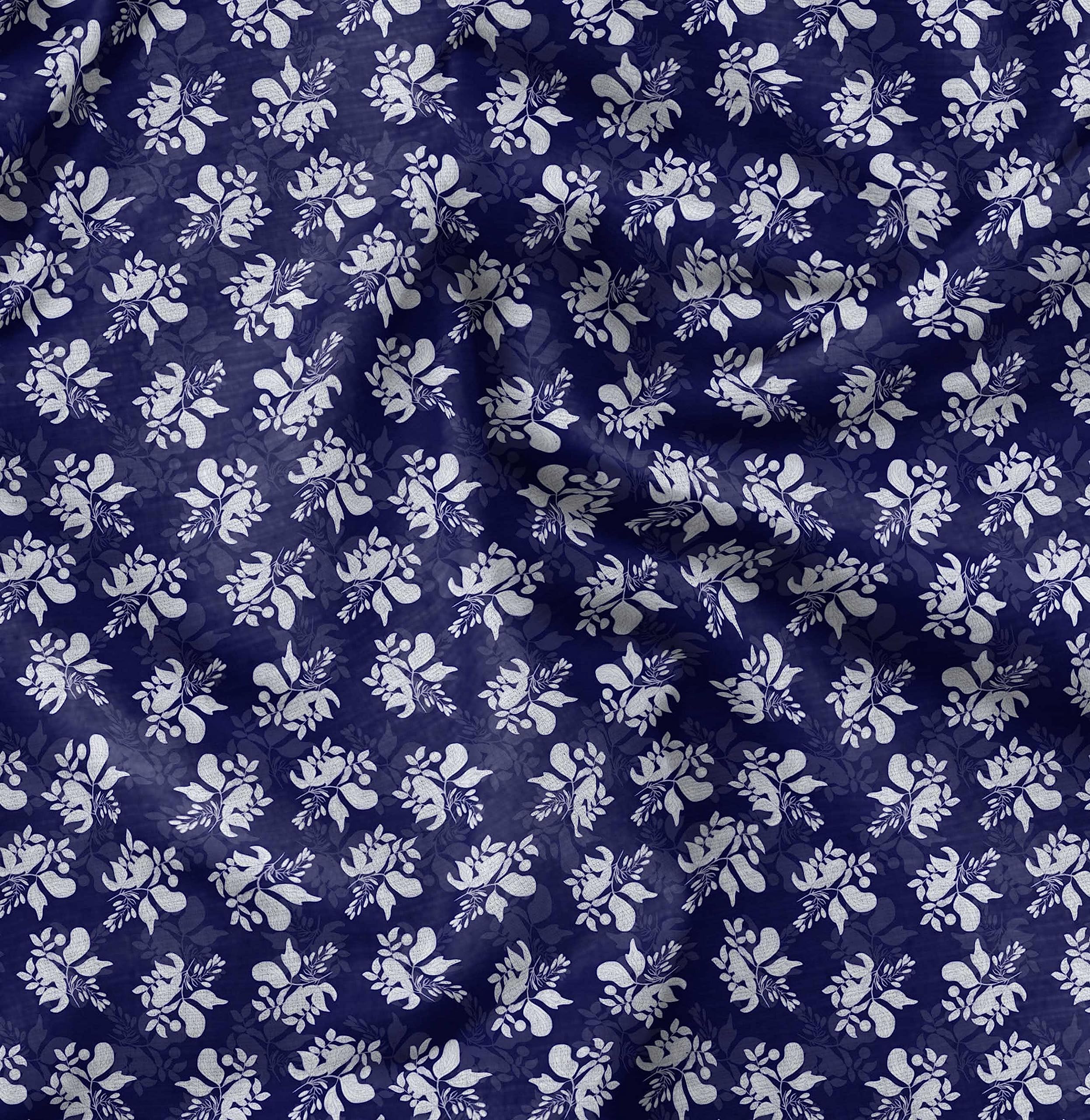 Soimoi Moss Georgette Blue Fabric by The Yard - 42 Inch Wide Printed Fabric with Artistic Leaf & Floral Design for DIY Fashion, Home Decor, and Craft Projects - Elegant Draping Material for Dresses, Curtains, and Scarf Making