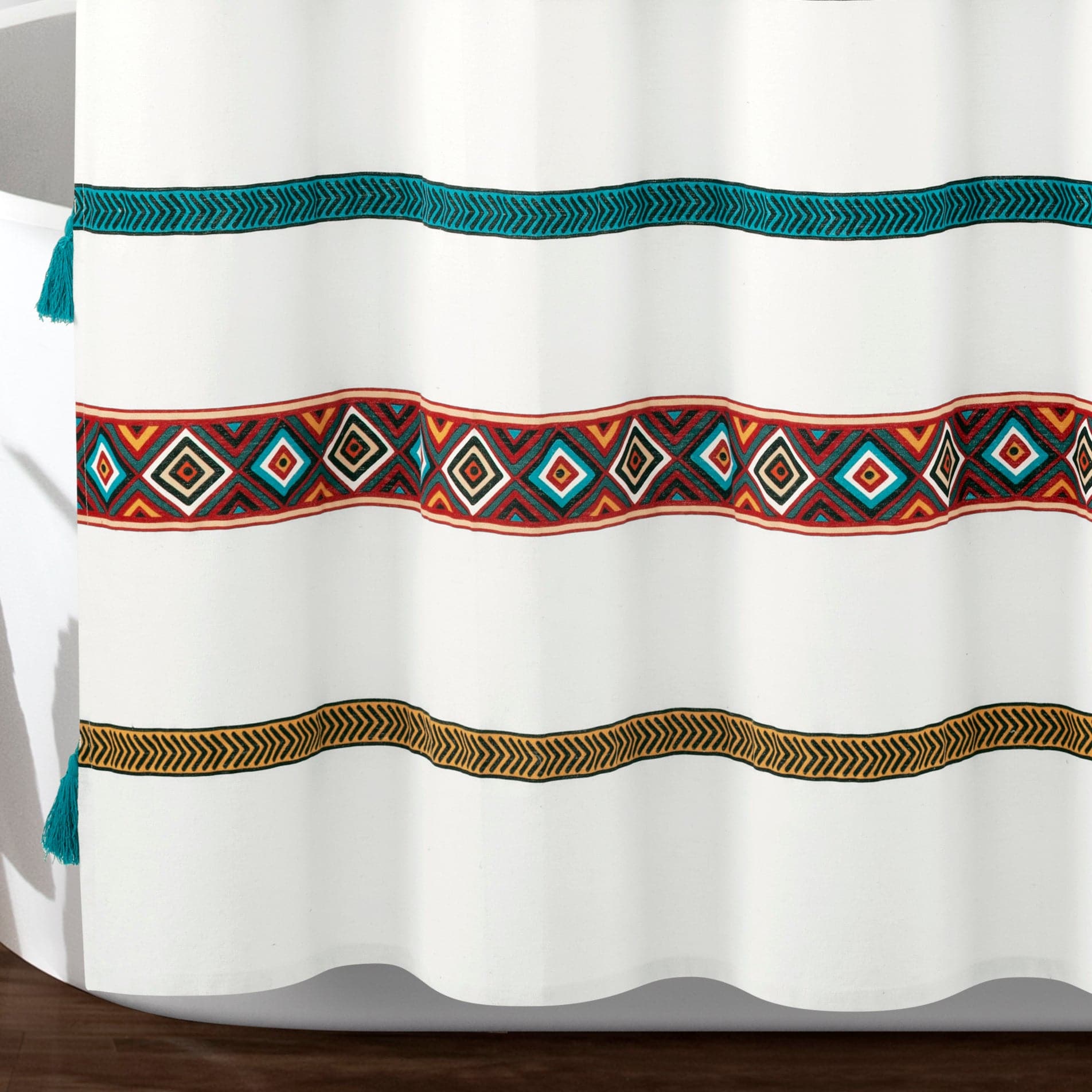 Boho Stripe Tassel Shower Curtain - Handmade Yarn Dyed Recycled Cotton Bathroom Decor for Boho, Farmhouse & Coastal Style Homes - Perfect for Bathrooms, Guest Rooms & Beach Houses