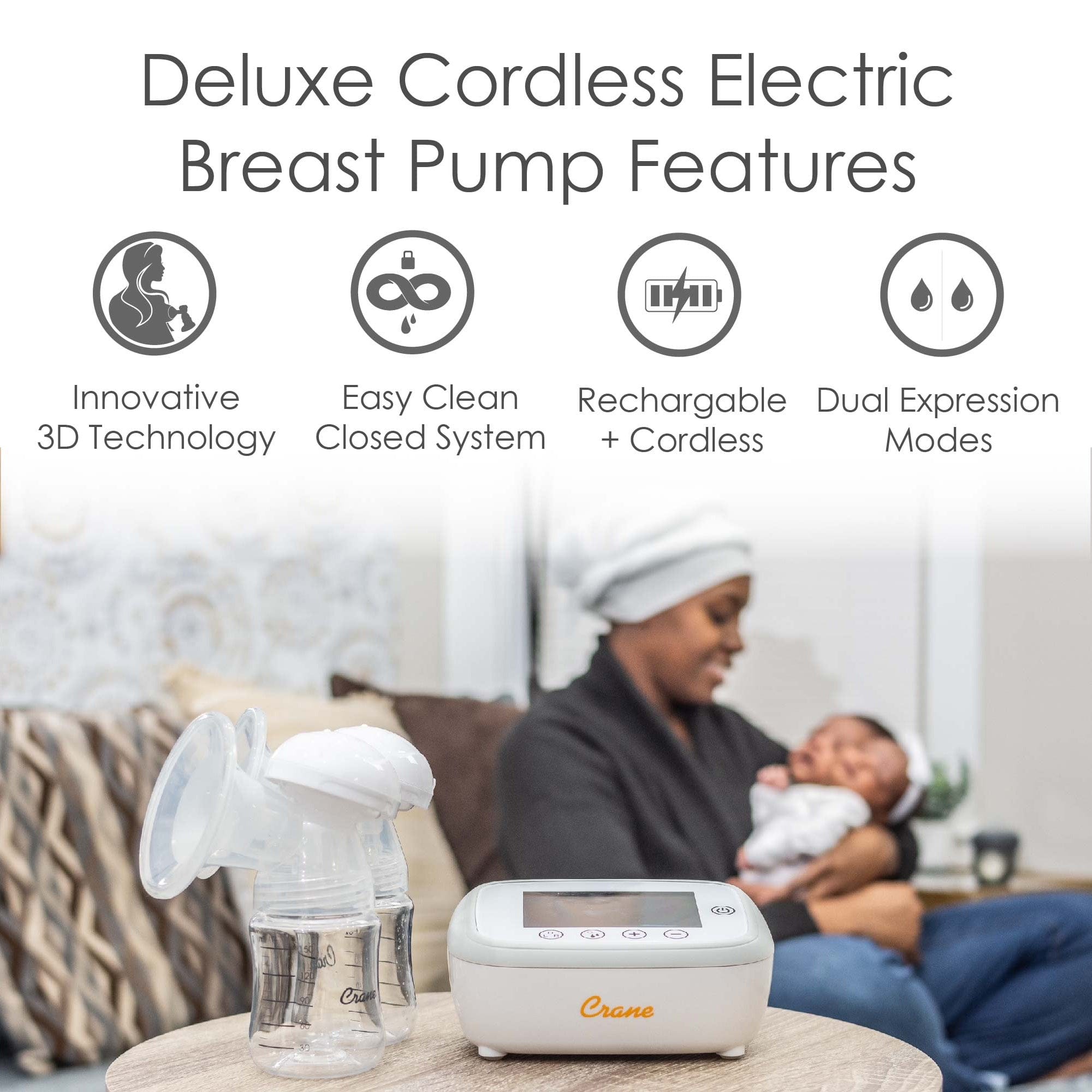 Crane Rechargeable Electric Breast Pump - Hands Free Dual Mode Portable Breastfeeding Pump for Working Moms - Perfect for Office, Travel & Nighttime Use