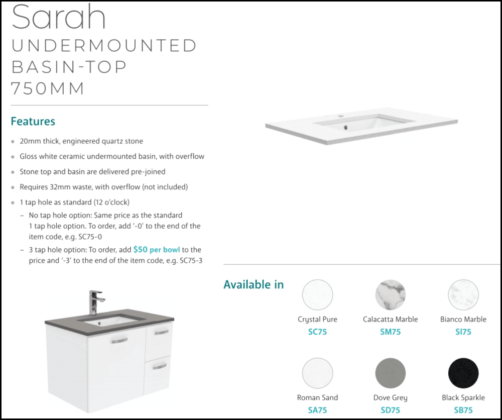 Fienza Crystal Pure 750mm SC75ZR Undermount Bathroom Vanity with Stone Top, Wall Mounted, Fingerpull Handle, Right Drawers in Satin White - Perfect for Modern Bathroom Renovation and Small Space Design