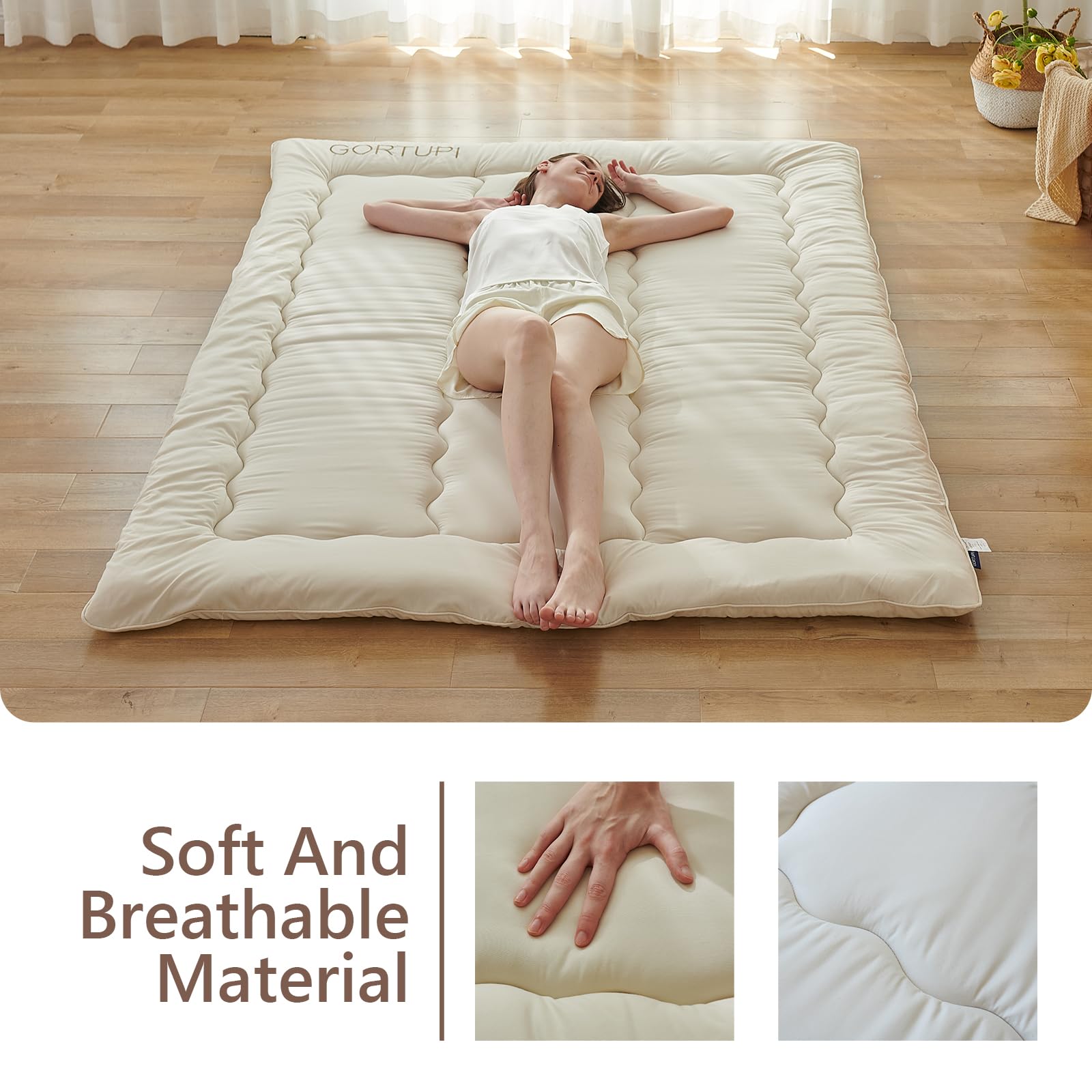 Japanese Twin Foldable Futon Mattress - Roll Up Tatami Floor Bed Mattress for Guest Room, Dorm & Small Spaces, Beige | Portable Floor Sleeping Solution for Apartments & Camping