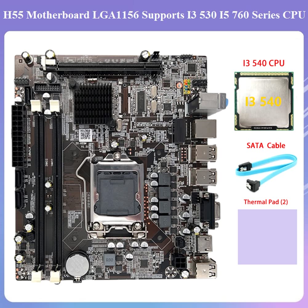 Feriany H55 Motherboard Accessories Kit - LGA1156 Socket for Intel i3 530/i5 760 CPUs, DDR3 Memory Support, Includes i3 540 Processor, SATA Cable & Thermal Pads - Perfect for PC Builds, Upgrades & Gaming Rigs