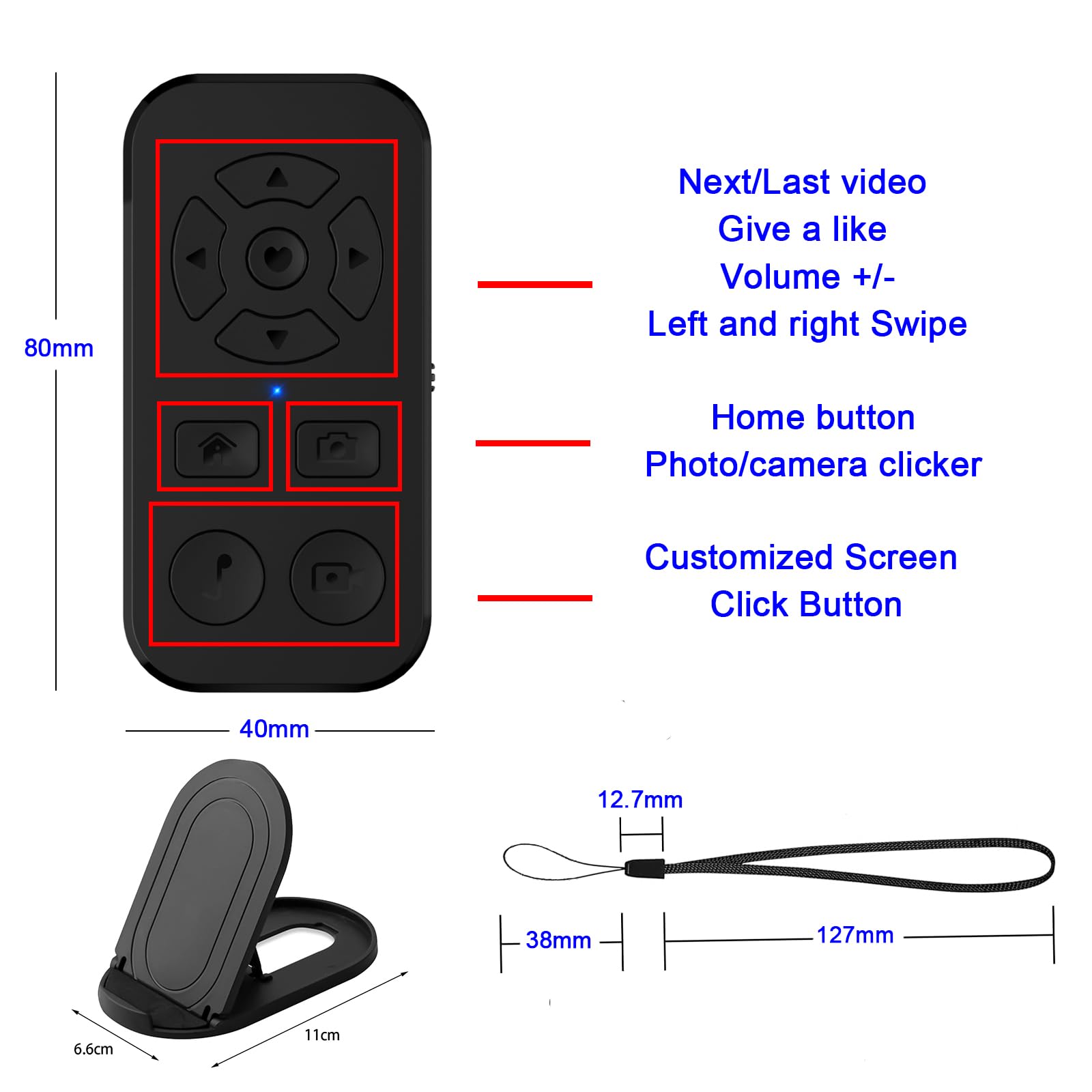 Bluetooth Remote Control for iPhone & Android - TikTok Scroller, Kindle Page Turner, Photo/Video Clicker with Phone Stand & Hand Strap (Black) - Perfect for Social Media, Reading & Presentations