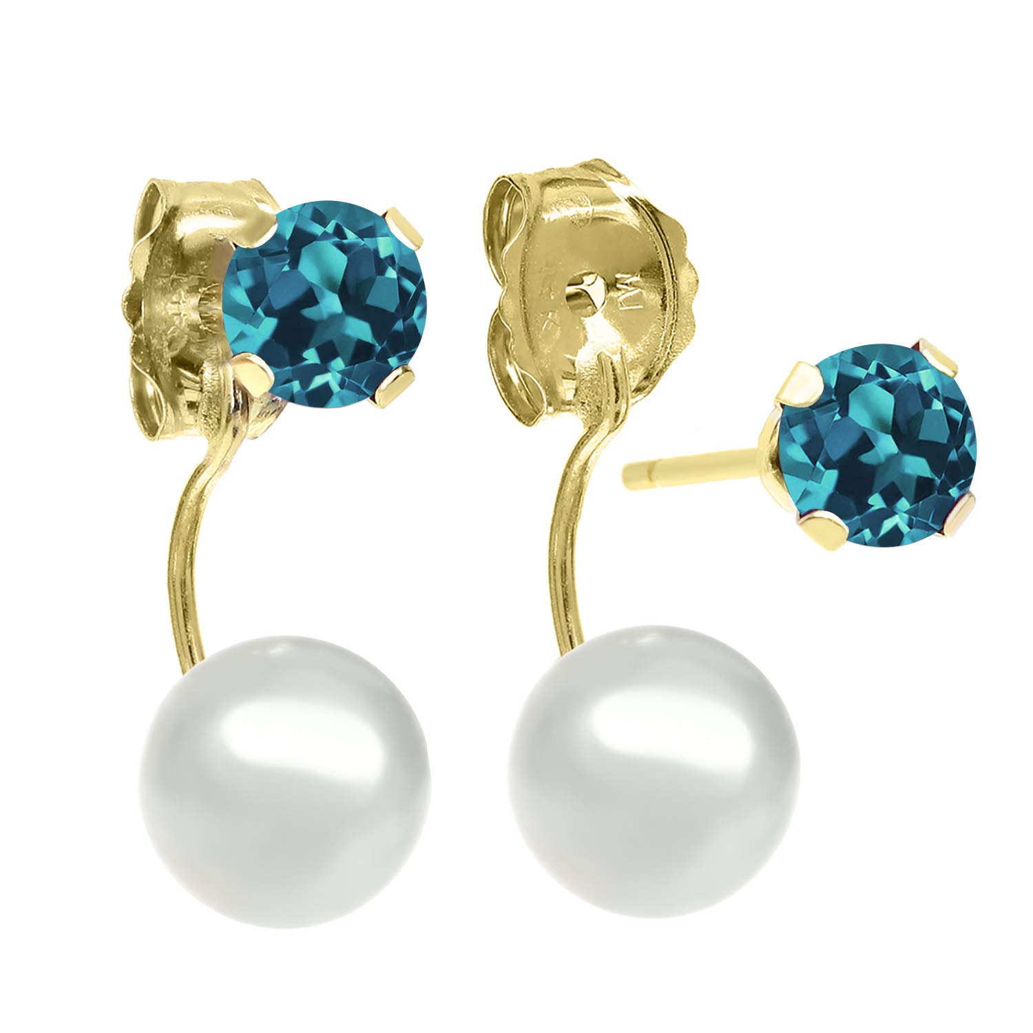 0.66 Ct Round 4mm London Blue Topaz & Freshwater Pearl 14K Yellow Gold Stud Earrings for Women - Elegant Gift for Anniversary, Birthday & Special Occasions