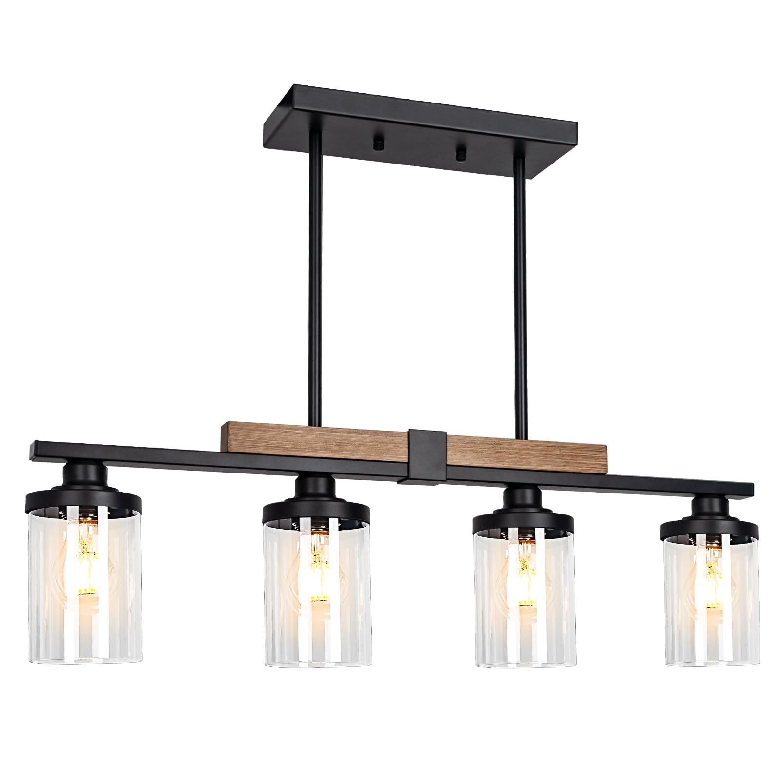 Farmhouse 4-Light Wood Chandelier - Adjustable Height Kitchen Island Pendant Lighting, Modern Industrial Black Ceiling Fixture for Dining Room & Living Room | Perfect Over Table, Breakfast Bar or Open Concept Spaces