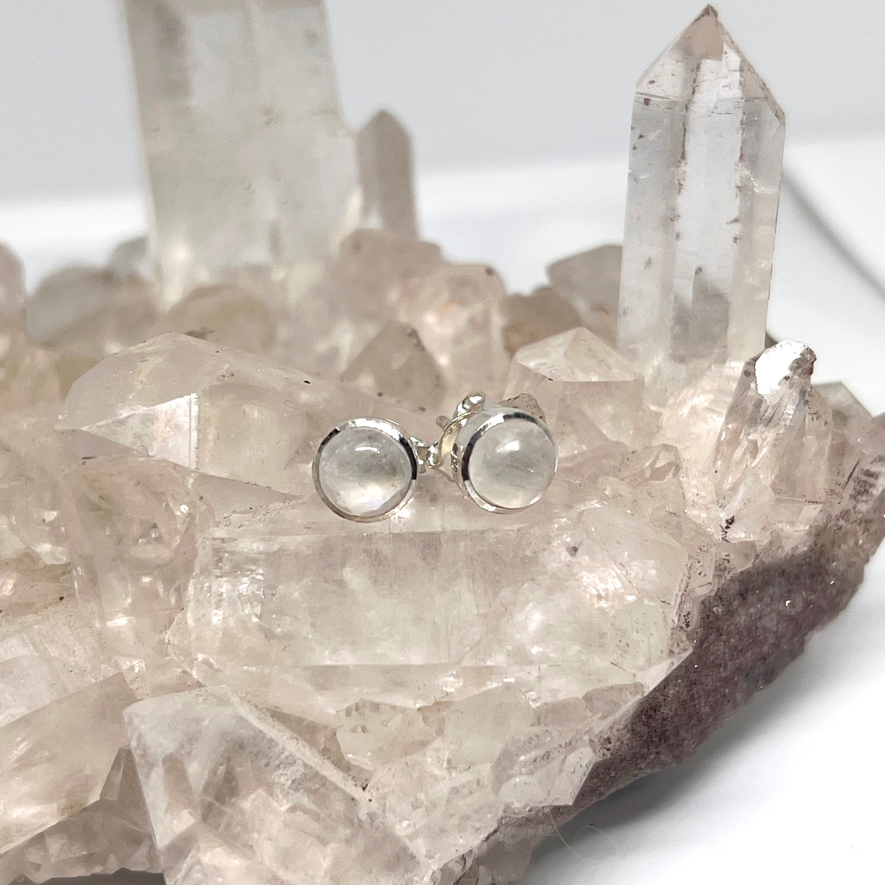 5.5mm Moonstone Stud Earrings - High Grade Round Cabochon Bezel Set Jewelry (PSE021) - Perfect for Weddings, Parties & Everyday Wear