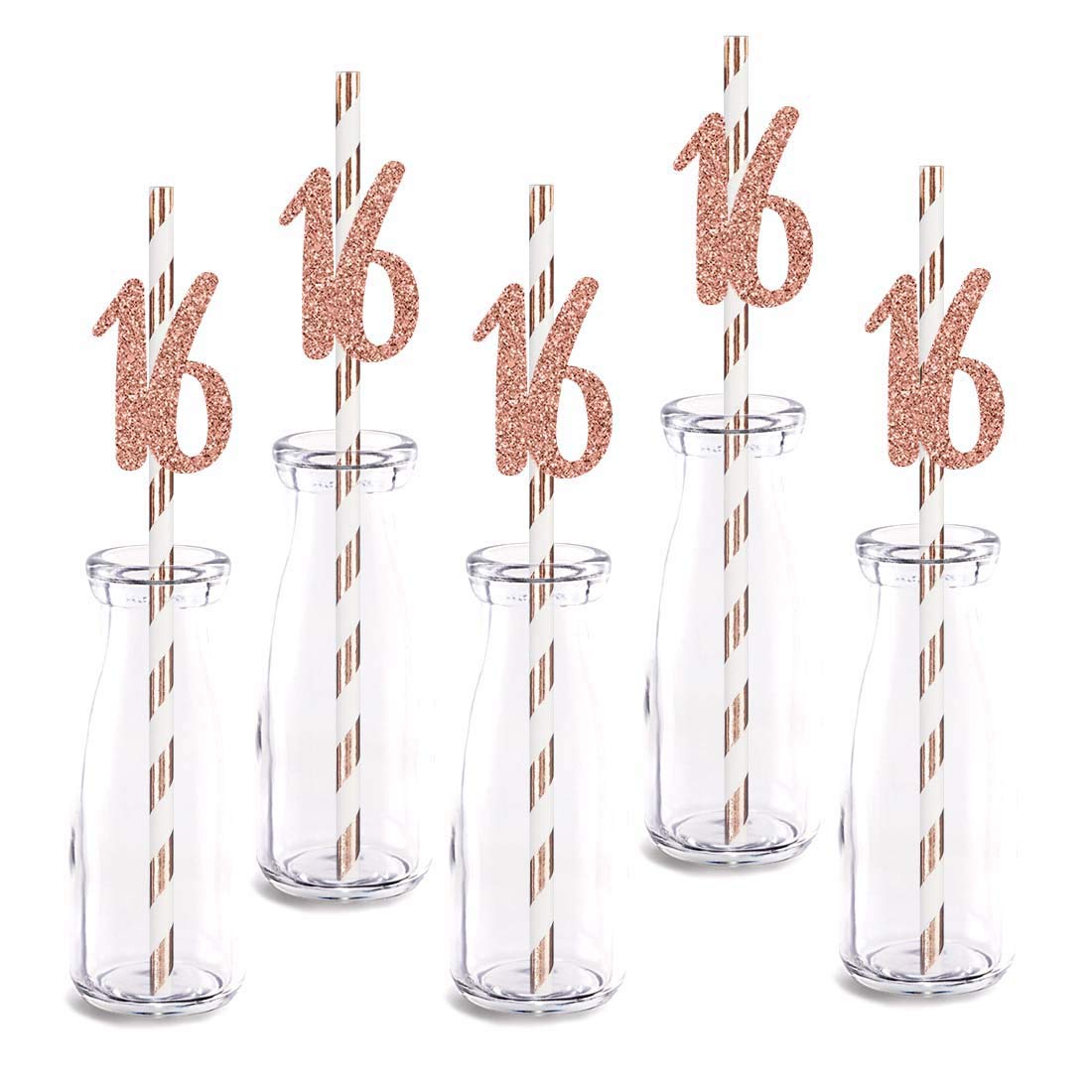Rose Gold Glitter 16th Birthday Party Straws - 24pcs Cut-Out Number 16 Drinking Decorations for Sweet 16 Celebrations, Girls' Birthday Parties & Special Occasions