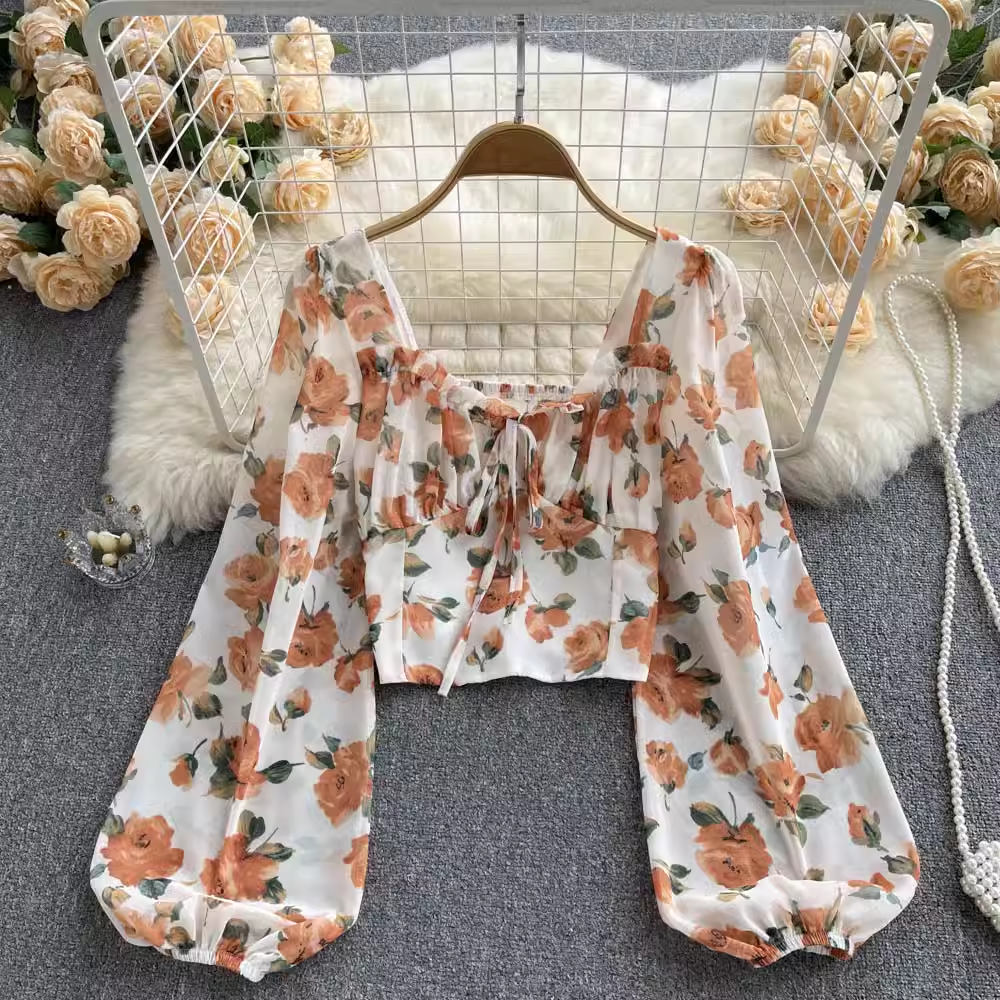 French Lantern Sleeve Floral Blouse - Cropped Square Neck Top 1055 | Boho Chic Summer Shirt for Women, Perfect for Beach Vacations & Date Nights