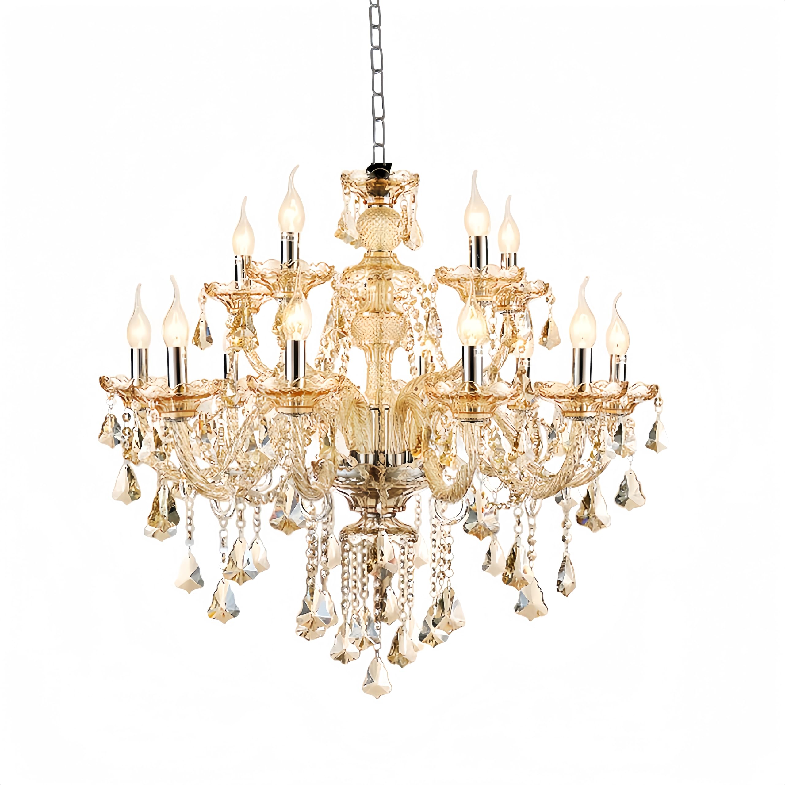 Modern Luxury K9 Crystal Chandelier - 12-Light Cognac Crystal Pendant Light Fixture with Candle Style Design for Dining Room, Hotel, Hallway, Bar & Restaurant Lighting | Elegant Ceiling Light for Wedding Venues, Luxury Homes & Fine Dining Establishments