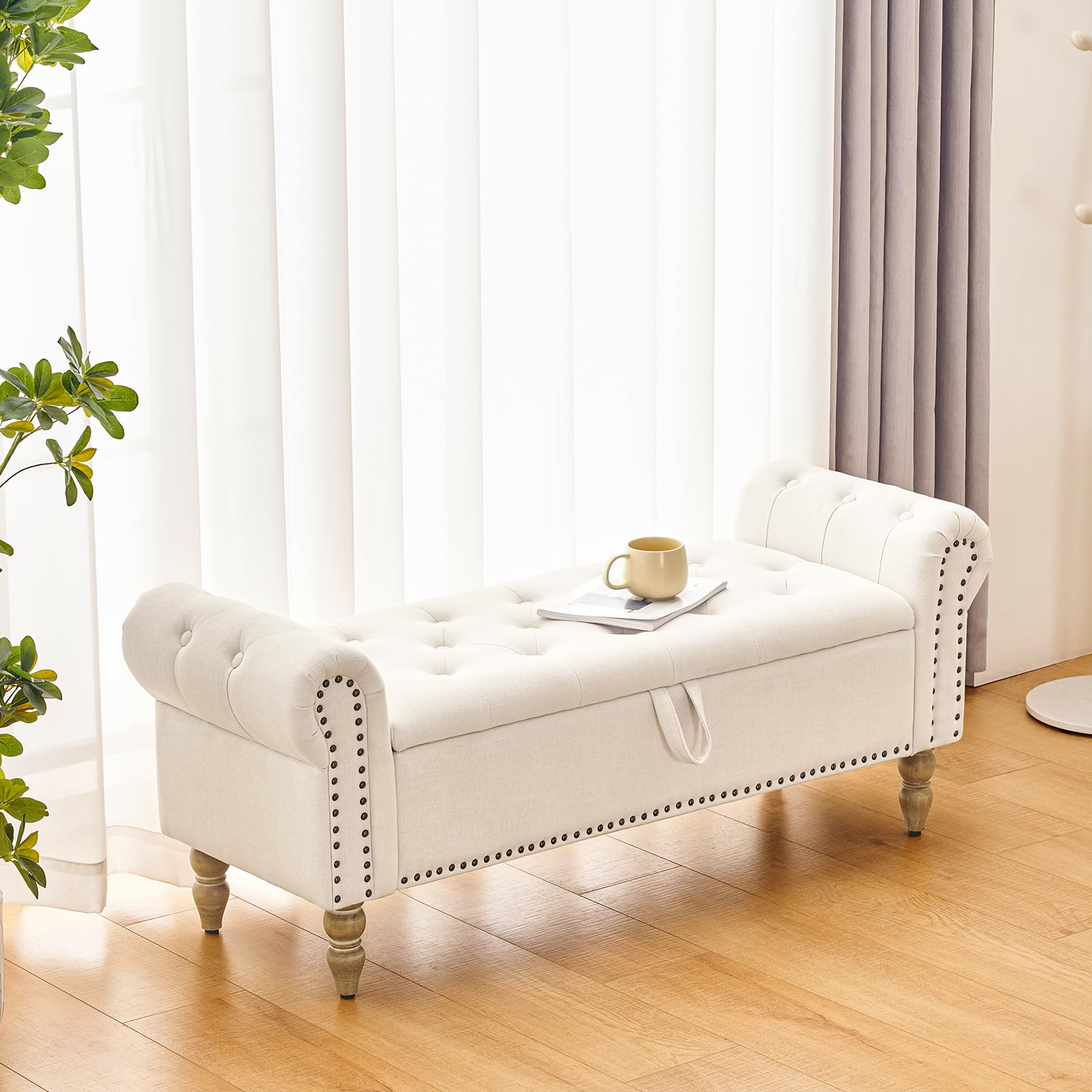 Furnimart Storage Bench for Bedroom - Faux Linen Upholstered Ottoman with Rolled Arms, 2.5 Cubic Feet Storage Space - Perfect for End of Bed, Living Room, Entryway & Small Space Organization