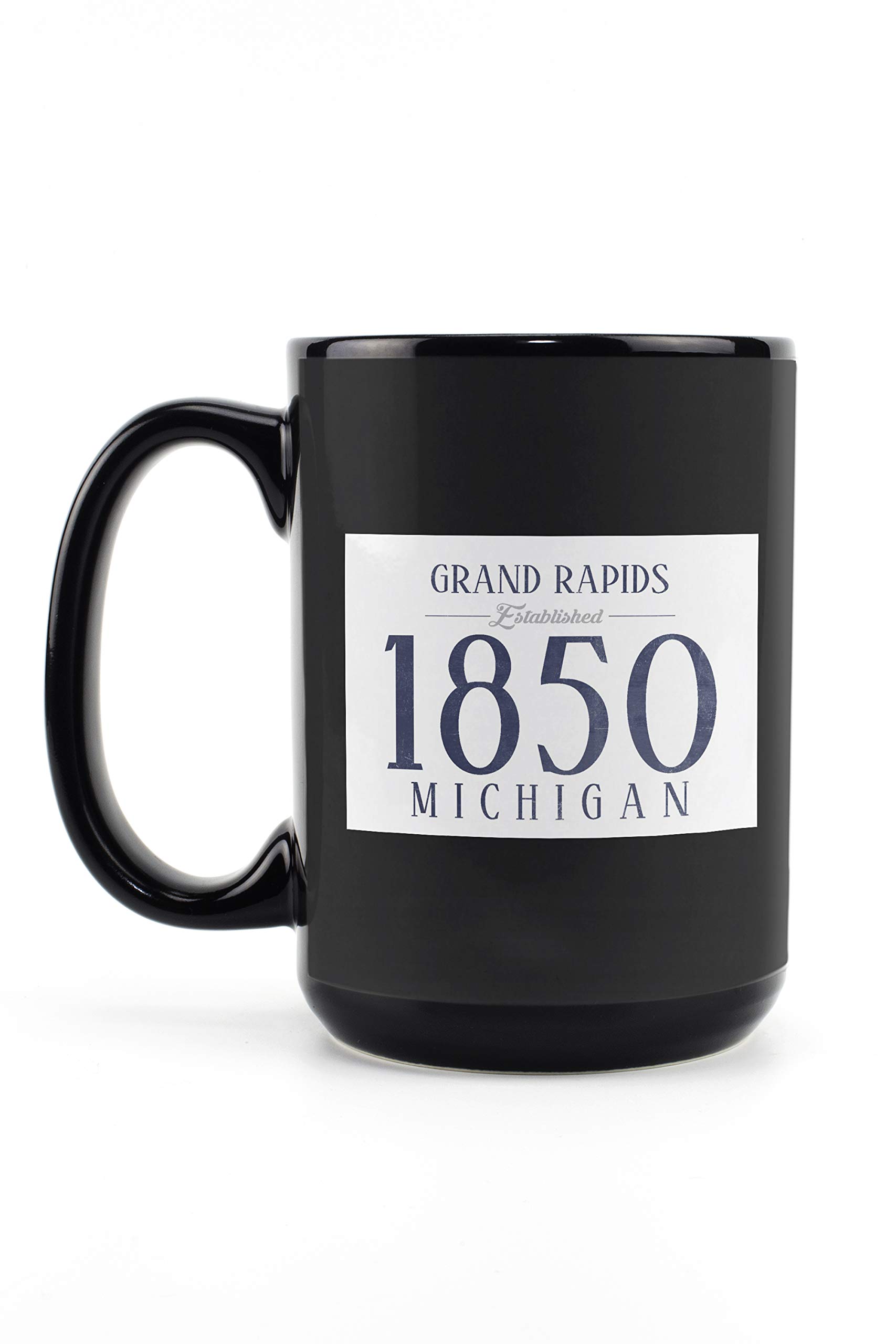 Lantern Press Grand Rapids Michigan Established Date Blue 15oz Black Ceramic Coffee Mug - Dishwasher & Microwave Safe - Perfect for Home, Office & Gifts